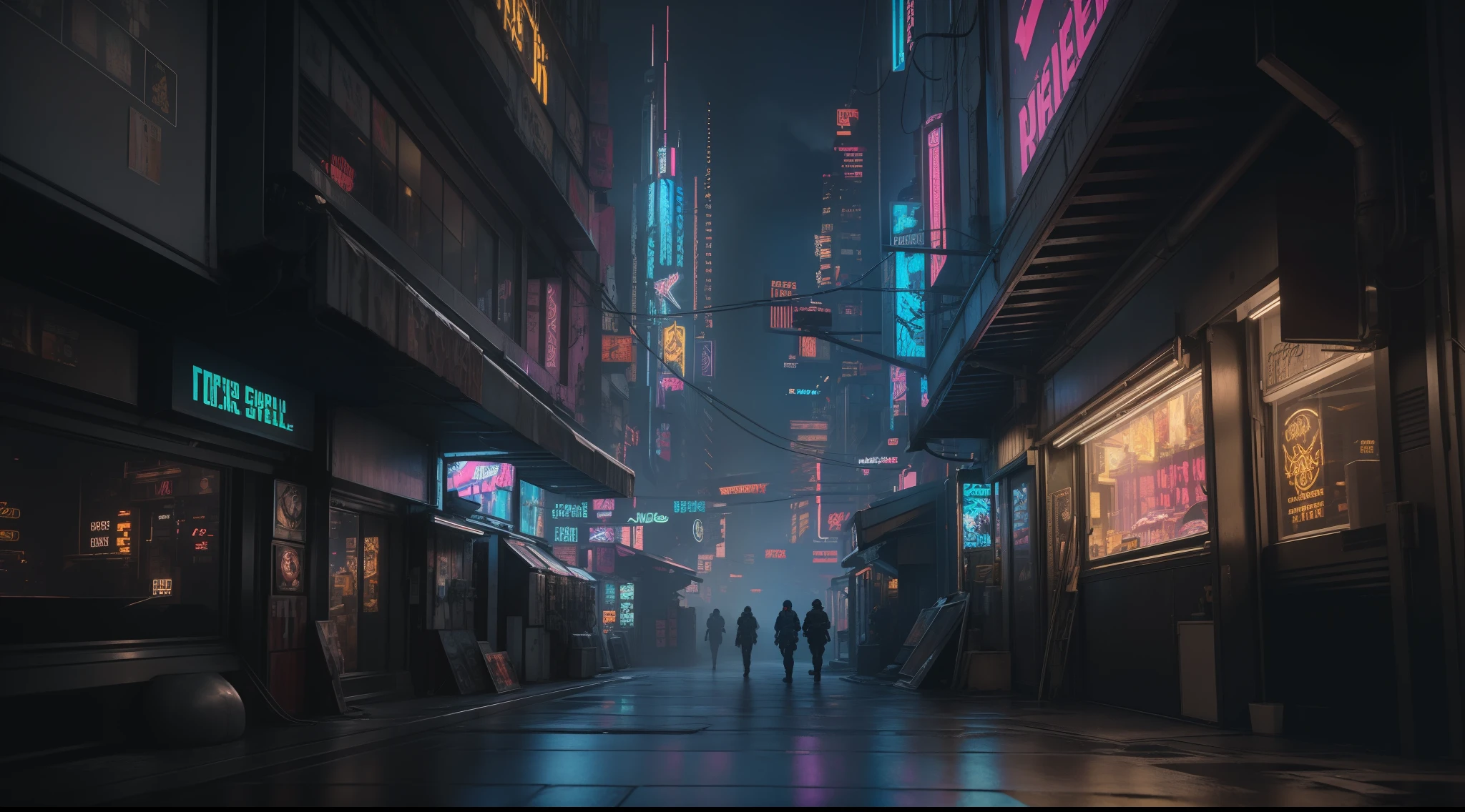 ((Best Quality)), ((Masterpiece)), (Highly Detailed: 1.3), 3D, Detailed Street Scene of a Neon-Lit Mega City (cyberpunk:1.4), Imposing Buildings, Detailed Shops, Futuristic Technology, HDR (High Dynamic Range), Ray Tracing, NVIDIA RTX, Super-Resolution, Unreal 5, Subsurface Scattering, PBR Texturing, Post-Processing, Anisotropic Filtering, Depth of Field, Maximum Clarity and Sharpness, Multilayer Textures, Albedo and Specular Maps, Surface Shading, Accurate Simulation of Light-Material Interaction, Perfect Proportions, Octane Render, Two-Tone Lighting, Low ISO, White Balance, Rule of Thirds, 8K RAW
