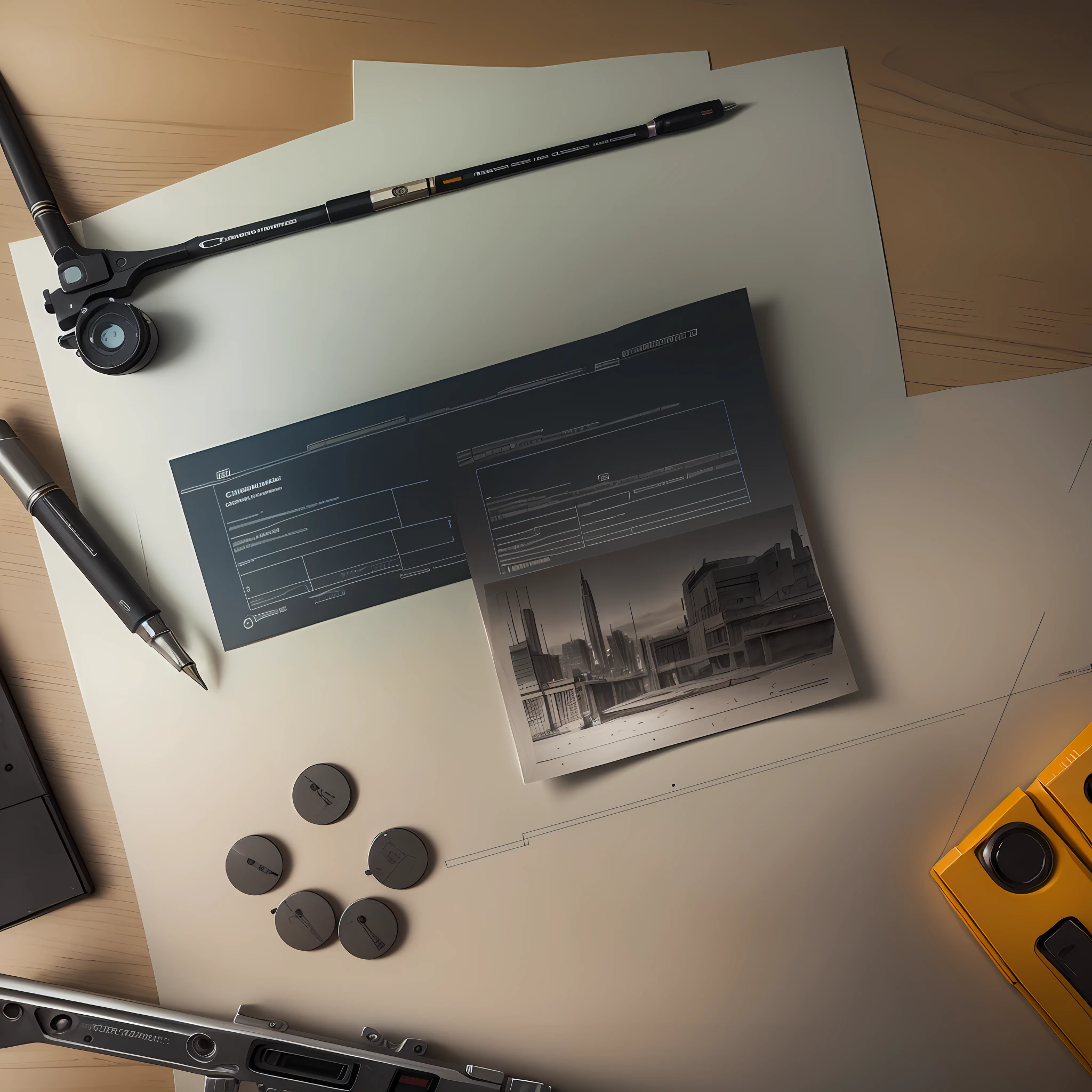 Picture portrayal: caliper and drawings on the table, perspective top-down, shooting in bright light, rendering with Canon camera, ray tracing technology, emphasizing chiaroscuro and glow effects, looking from overhead, the image is realistic, with great detail and quality.