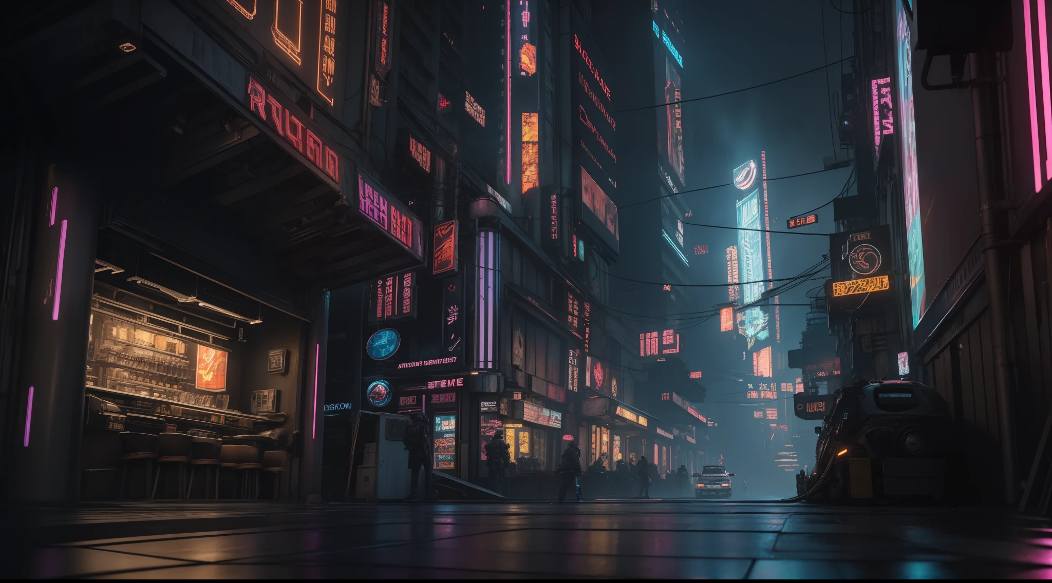 ((Best Quality)), ((Masterpiece)), (Highly Detailed: 1.3), 3D, Detailed Street Scene of a Neon-Lit Mega City (cyberpunk:1.4), Imposing Buildings, Detailed Shops, Futuristic Technology, HDR (High Dynamic Range), Ray Tracing, NVIDIA RTX, Super-Resolution, Unreal 5, Subsurface Scattering, PBR Texturing, Post-Processing, Anisotropic Filtering, Depth of Field, Maximum Clarity and Sharpness, Multilayer Textures, Albedo and Specular Maps, Surface Shading, Accurate Simulation of Light-Material Interaction, Perfect Proportions, Octane Render, Two-Tone Lighting, Low ISO, White Balance, Rule of Thirds, 8K RAW
