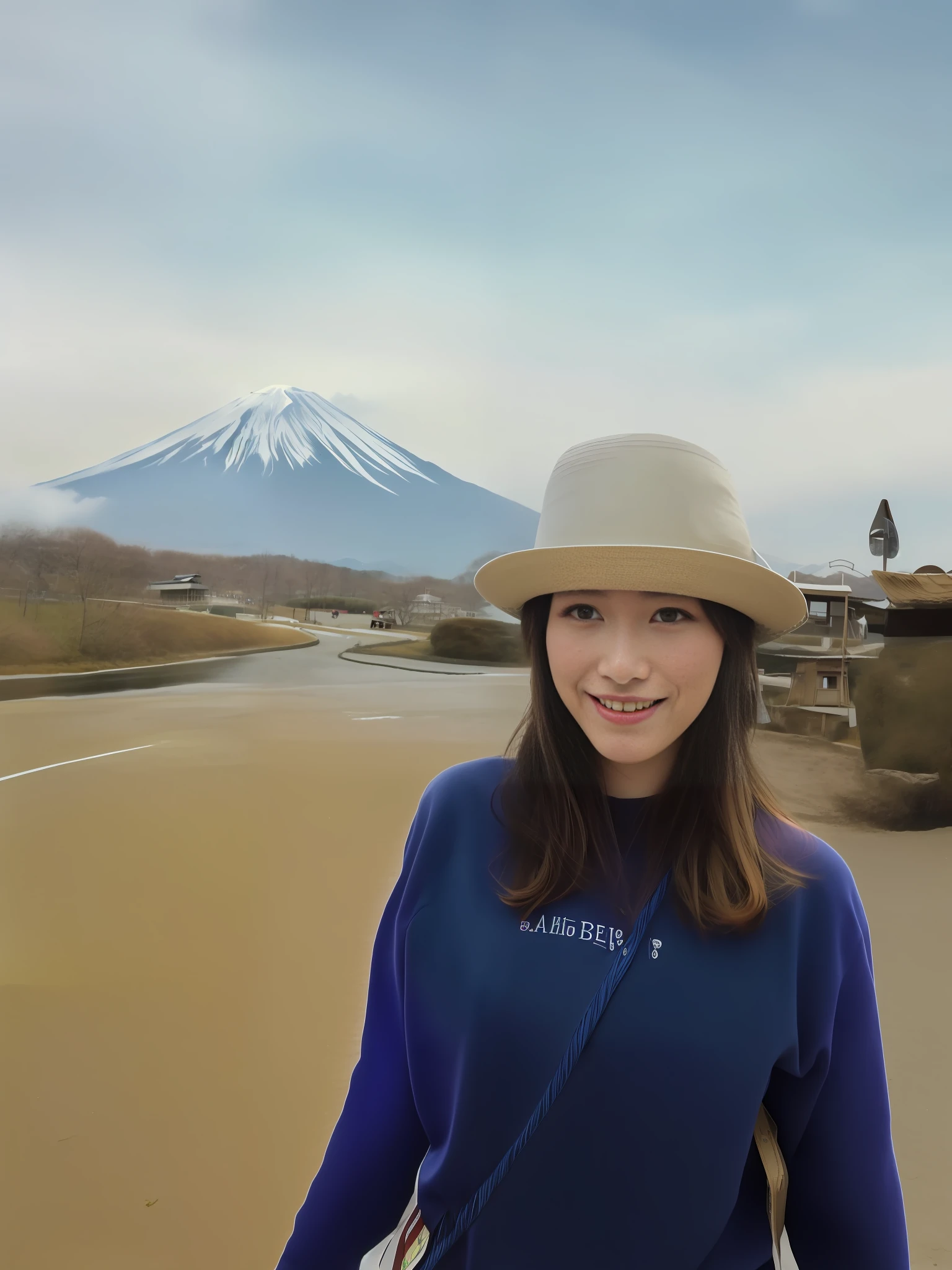 À la Fed woman in hat and white shirt standing in front of mountain, Mount Fuji, Yoshitomo Nara, Chiho, in the background,
