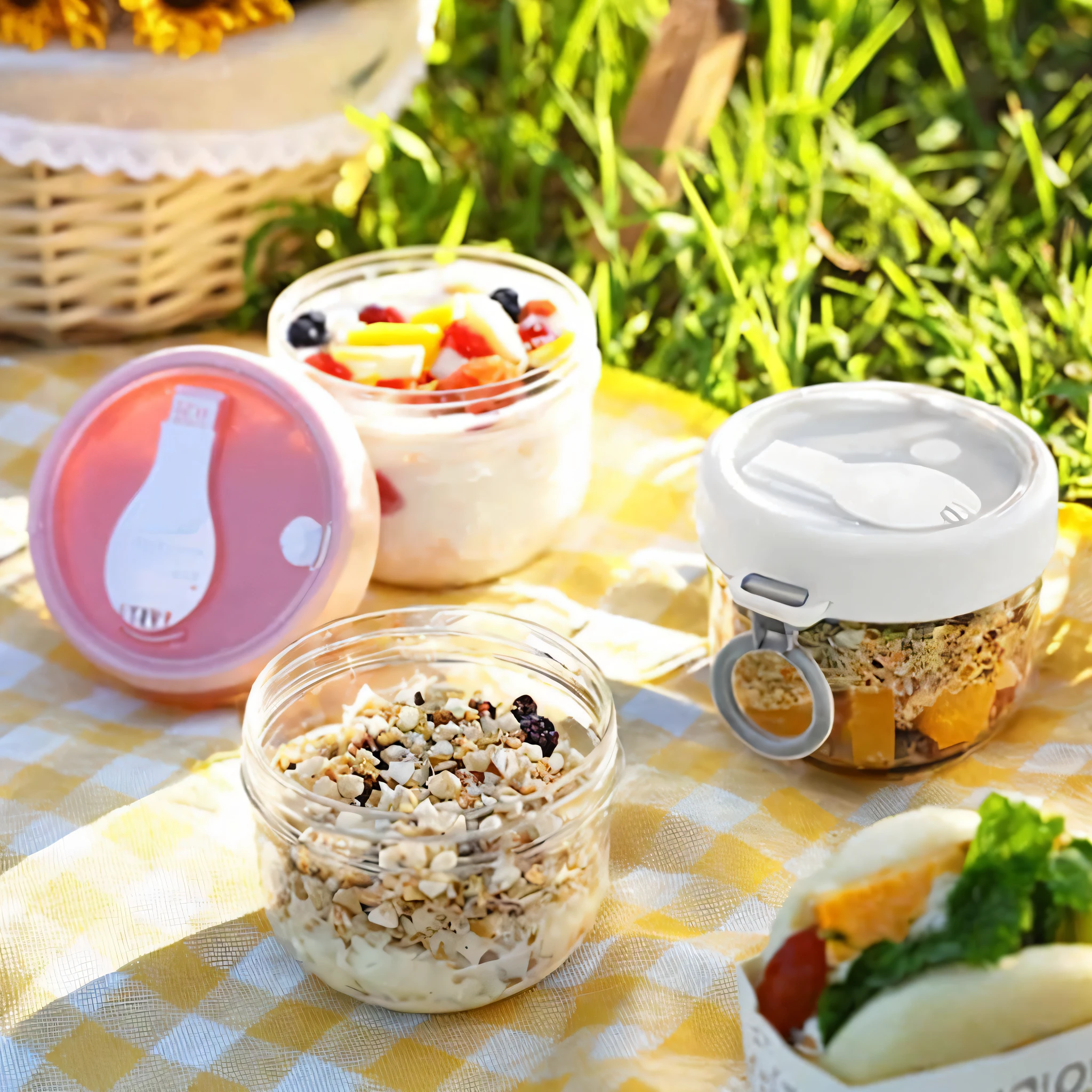 there are many different foods in small containers on a picnic table, mixed art, jars, ad image, summer morning, cute features, eating outside, by Alexander Brook, glass jar, food particles, summer morning light, cottagecore!! fitness body, afternoon, with lots of details, small, easy to use, alt art, different sizes, easy, healthy