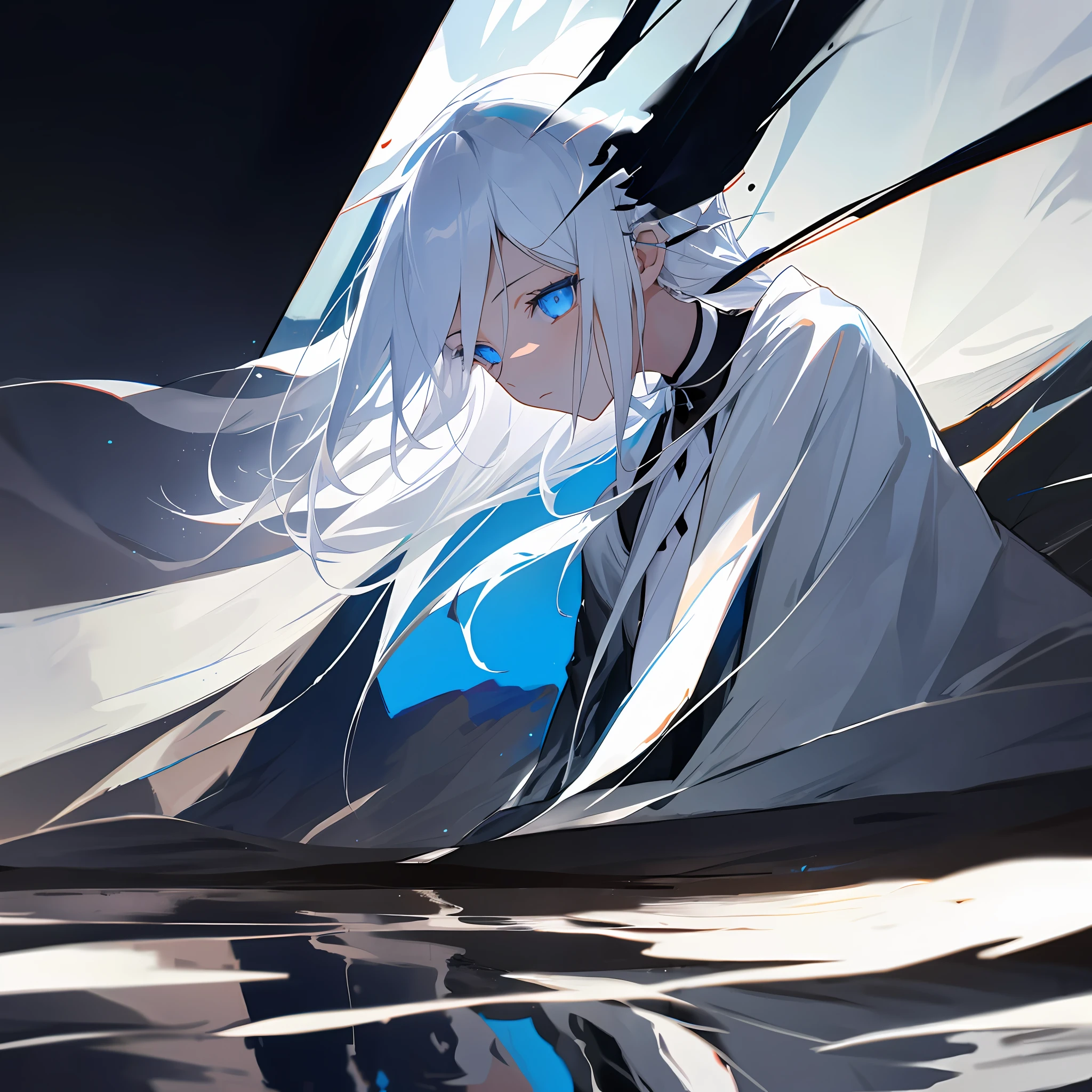 1 girl, upper body, white hair, blue eyes, indoors, dim light, dark background, reflection, twisting silhouette