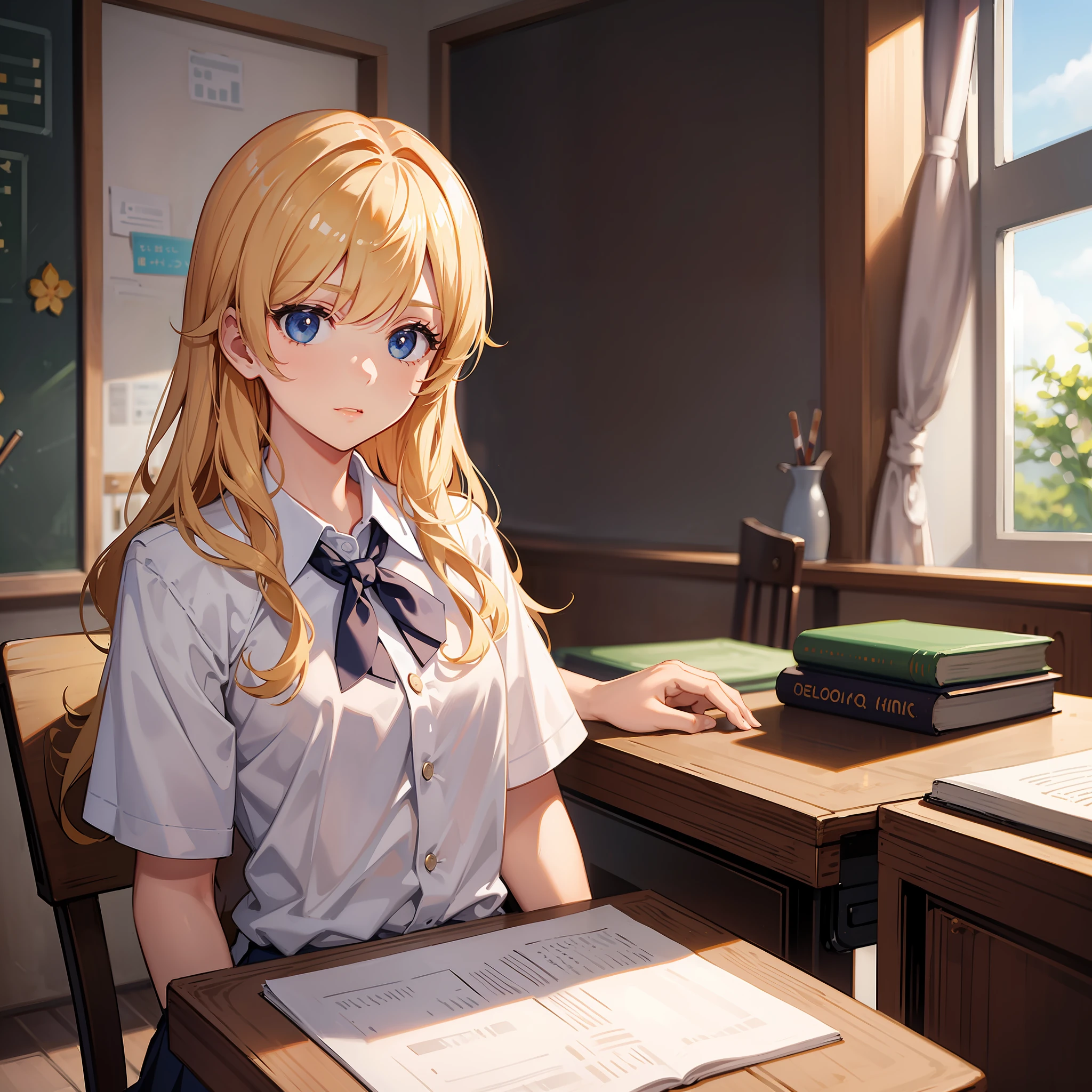 A school flower with blond hair in a school uniform