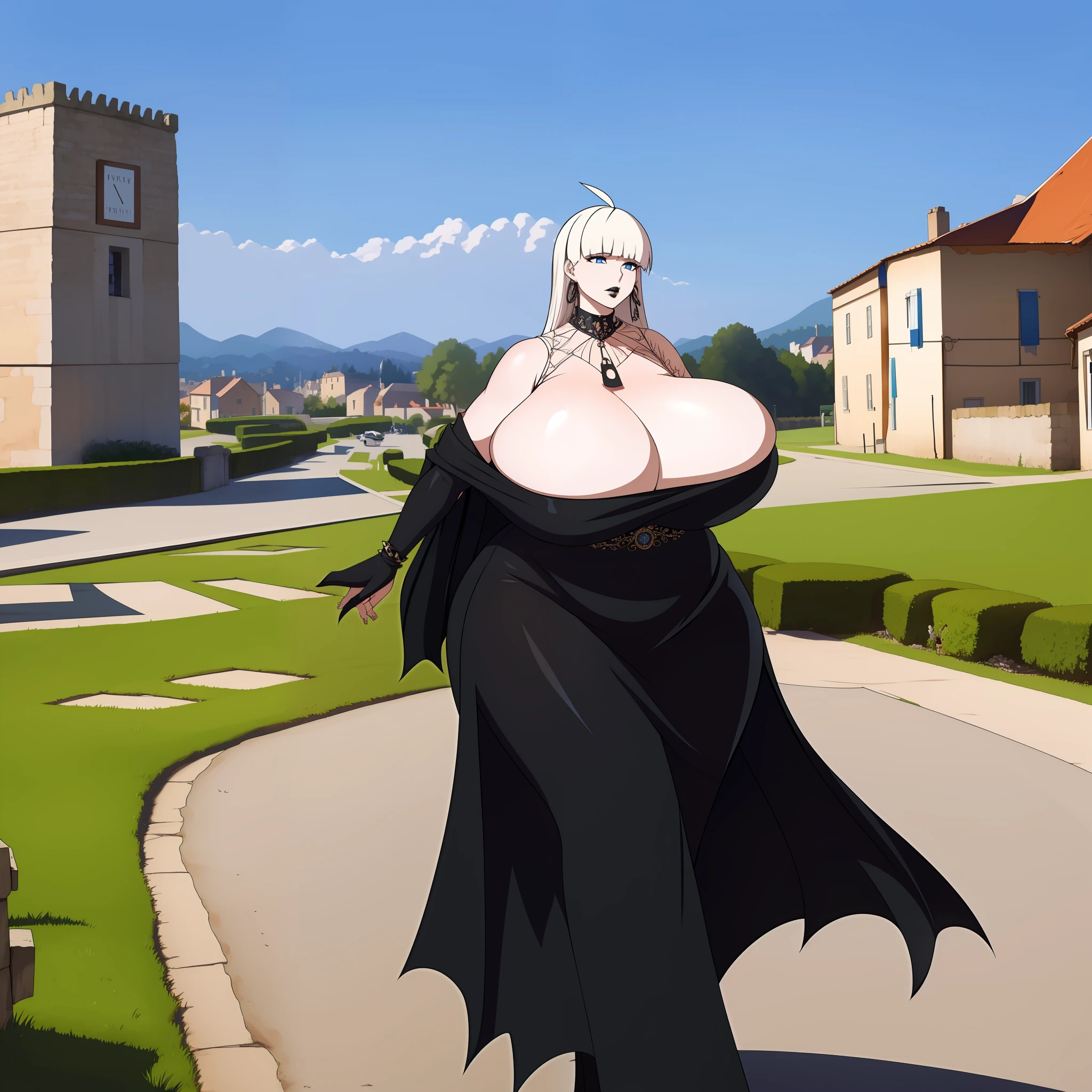 Goth, huge chest, tall woman, long dress, long dress, body of venus, mature female,1character ,1girl, walking, village, europe, france, 1girl, medieval