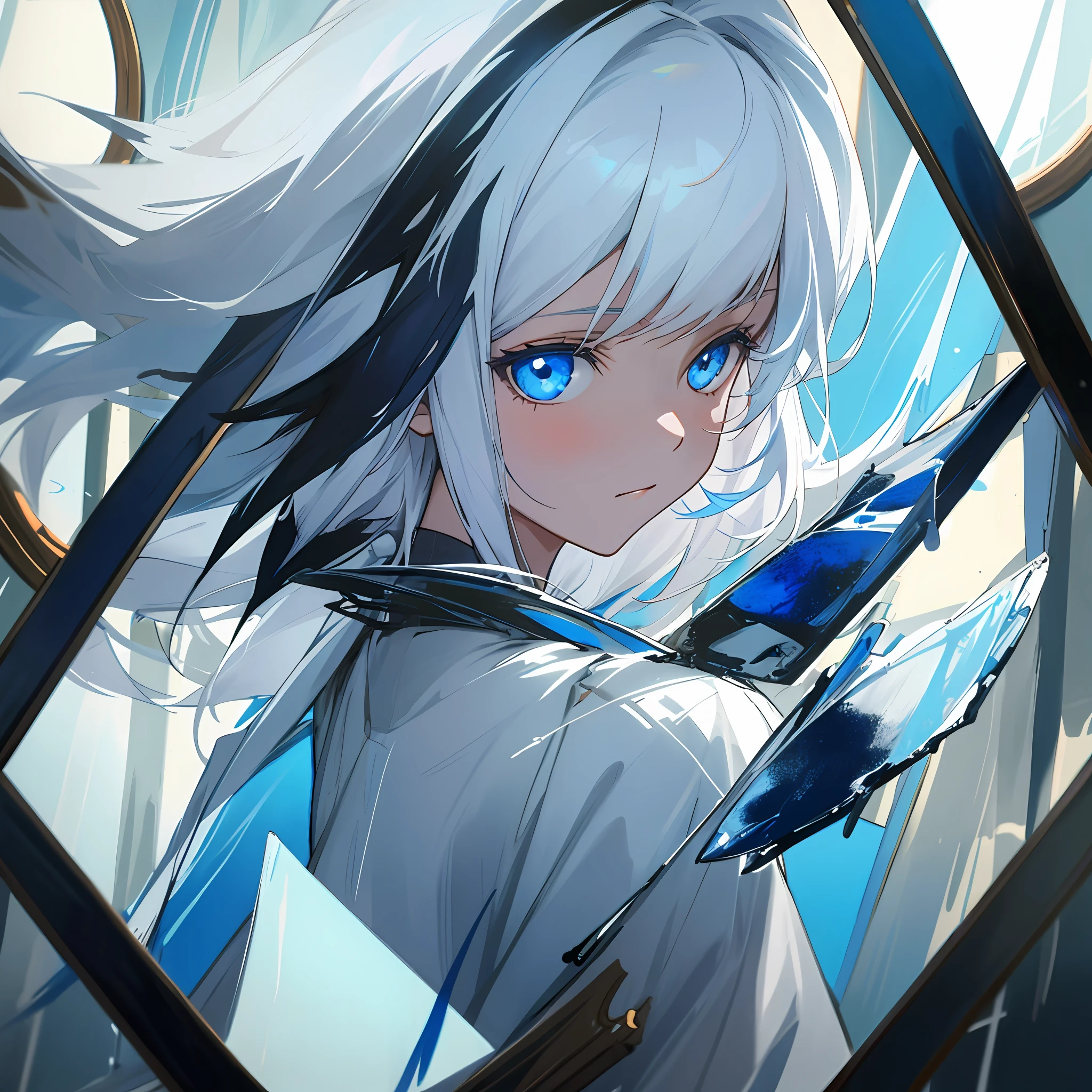 1 girl, upper body, white hair, blue eyes, indoors, dim light, paintings, glass, reflection, draws kkrtina