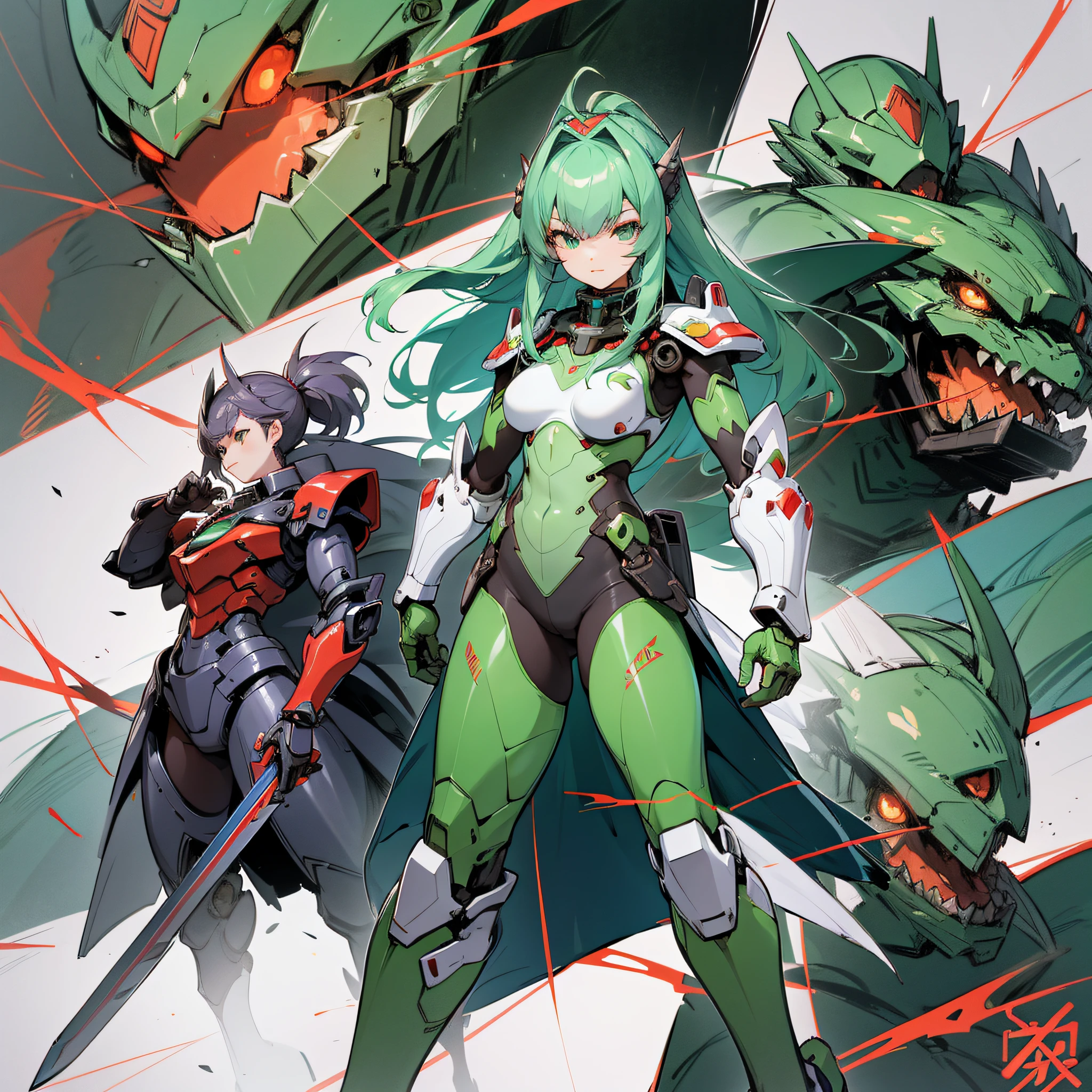 Green and red paint, close-up portrait of a person in costume with a sword, cyber japan style armor, cyber japan armor, guyver style, girl in armor, monster hunter armor, full body mecha suit, perfect anime cyborg woman, cyborg noble woman, mecha cyber armor girl, detailed full body concept, female armor, anime character. Full Body Art --auto --s2