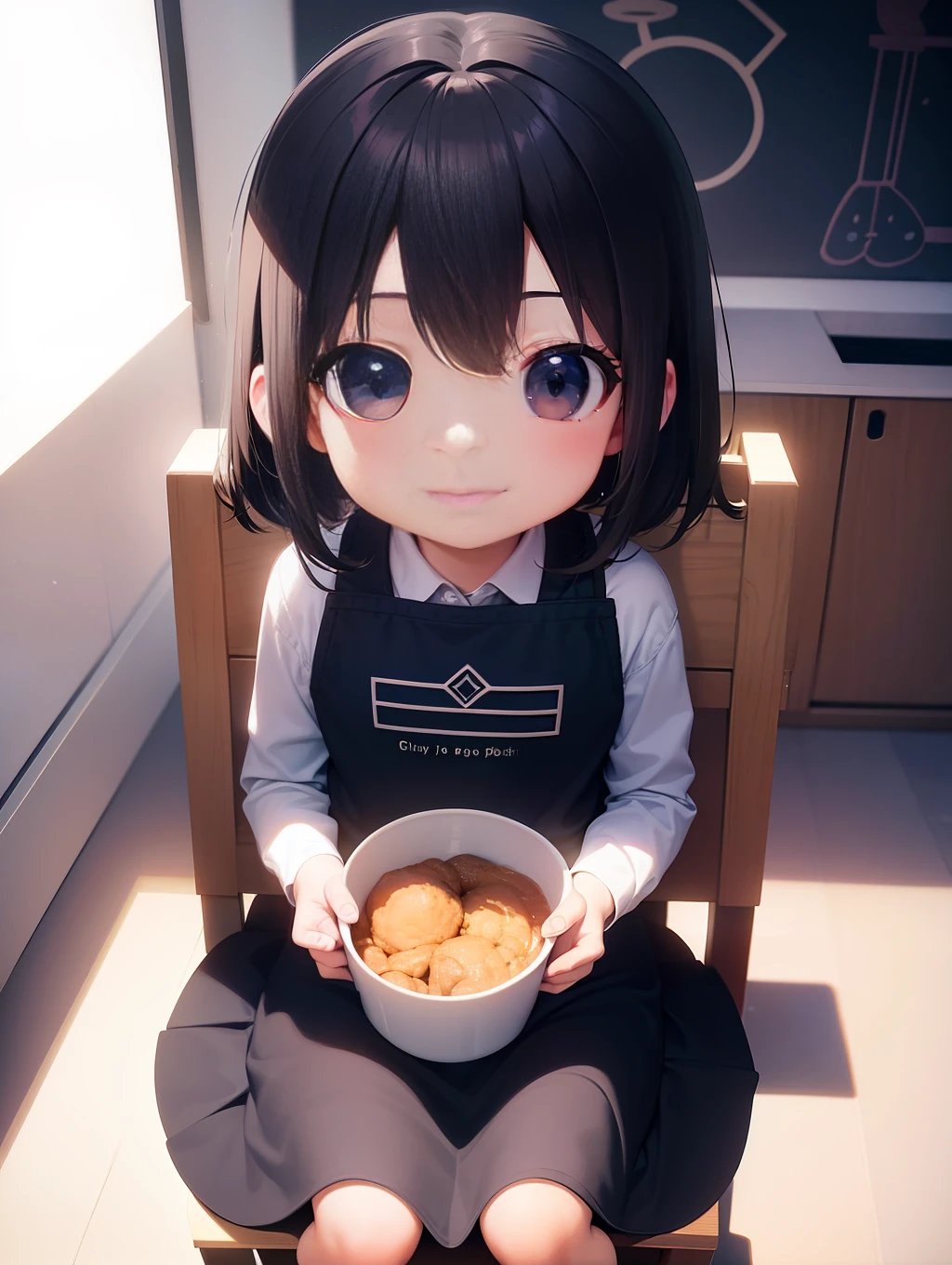(PopMart Blind Box IP+ Super Cute: 1.2) One-year-old girl sitting in dining chair, smiling happily at the camera, black hair, big eyes, Pixar style, cartoon, 3D center, soft focus, OC, best quality full body perspective, clean background, Behance style. (Chibi background + cinematic light and shadow) 3D/C4D production, (8K ultra-clear picture quality + cinematic lighting + ultra-detailed lens description): 1.5, perfect presentation, flawless. "