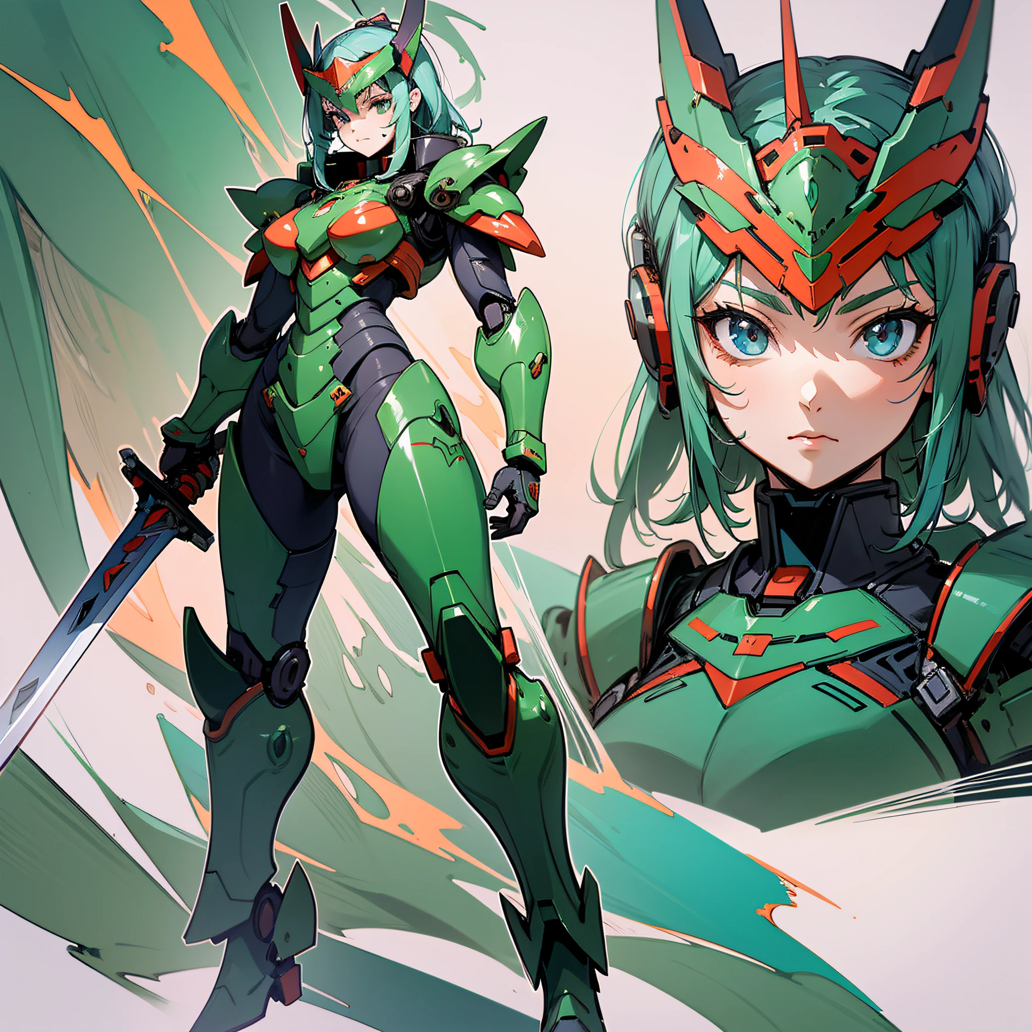 Green and red paint, close-up portrait of a person in costume with a sword, cyber japan style armor, cyber japan armor, guyver style, girl in armor, monster hunter armor, full body mecha suit, perfect anime cyborg woman, cyborg noble woman, mecha cyber armor girl, detailed full body concept, female armor, anime character. Full Body Art --auto --s2
