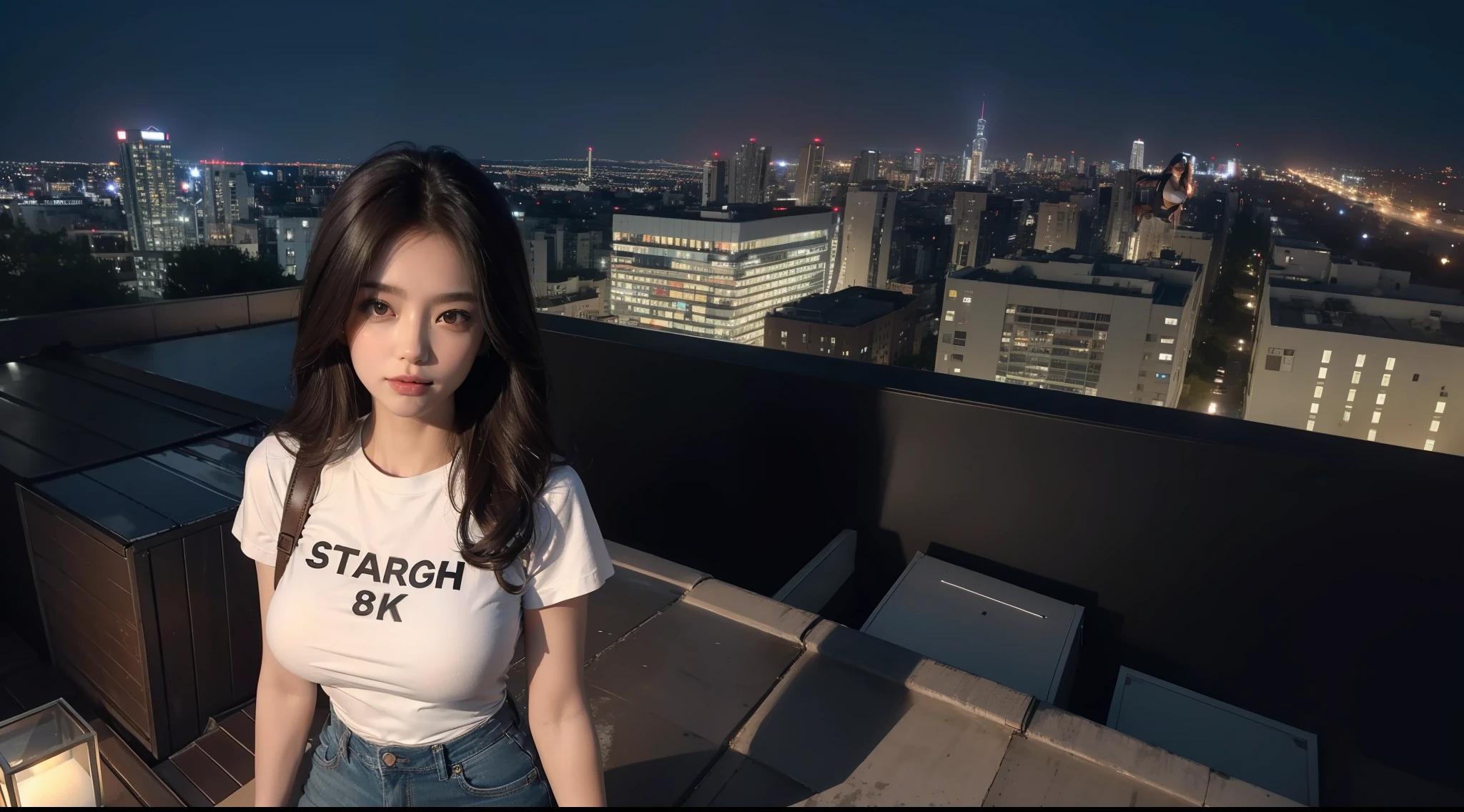 ((Midnight, Best quality, 8k, Masterpiece :1.3)), Whole body, Long legs, Sharp focus :1.2, A pretty woman with perfect figure :1.4, Slender abs :1.1, ((Dark brown hair, Big breasts :1.2)), (White tight tshirt, Jean bib, Standing:1.2), ((Night city view, Rooftop:1.3)), Highly detailed face and skin texture, Detailed eyes, Double eyelid