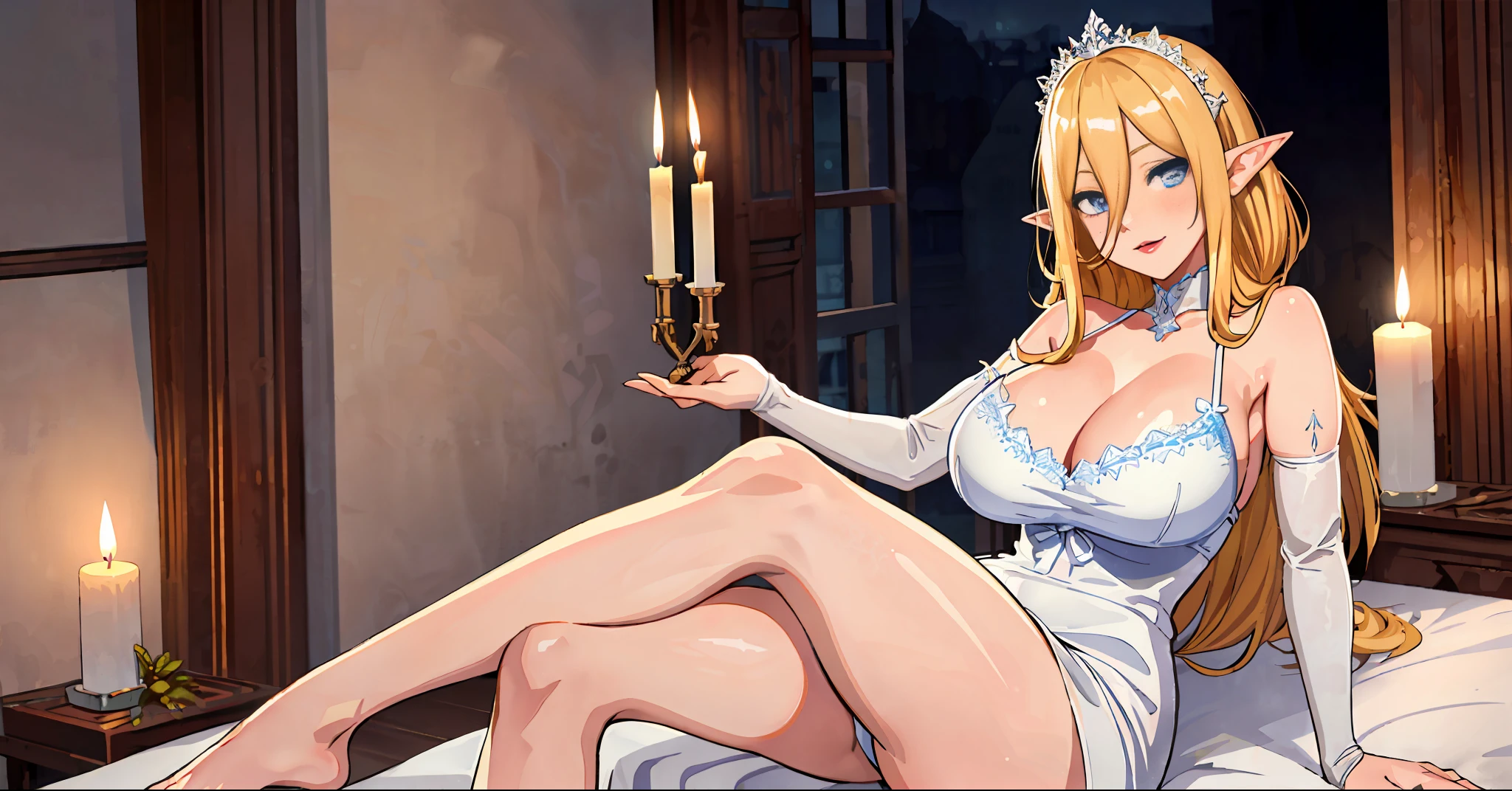 (Masterpiece, best quality), 1 girl, NSFW, crossed_legs, huge breasts, laughs512, dark shadow makeup, dark lips, (white bodycon dress (bluish)), (aroused_face:1.4), medieval room, medieval bed, candles, candle lighting, night, bed, shame, show-off, big chest, panties, light, oversized shirt, (long yellow hair: 1.4), bra,, lying down, legs open, camel finger, cum in tight panties, elf ears, (((no errors))), ((well detailed)), (((extremely well done)))