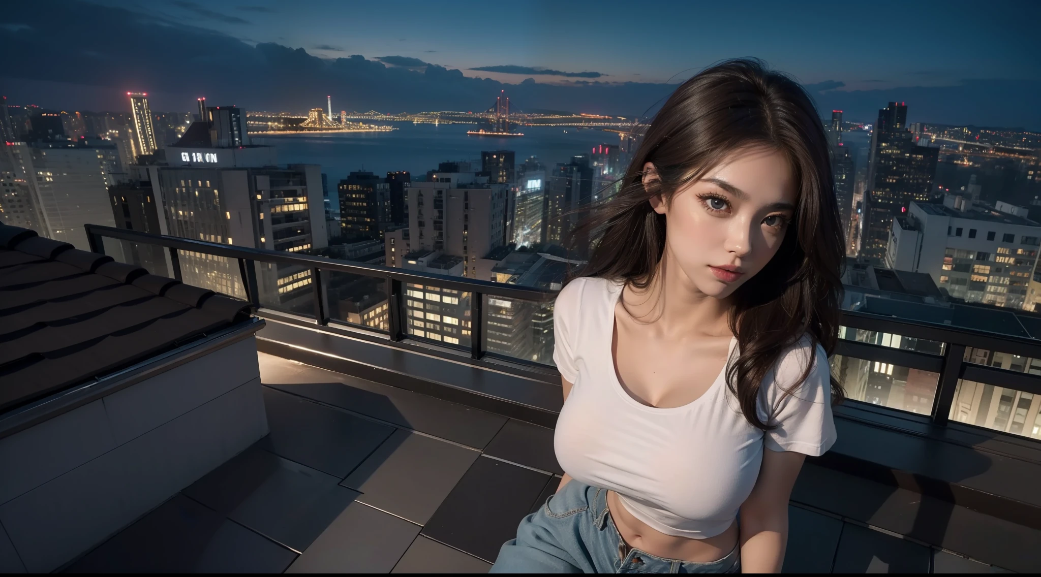 ((Midnight, Best quality, 8k, Masterpiece :1.3)), Whole body, Long legs, Sharp focus :1.2, A pretty woman with perfect figure :1.4, Slender abs :1.1, ((Dark brown hair, Big breasts :1.2)), (White tight tshirt, Jean bib, Standing:1.2), ((Night city view, Rooftop:1.3)), Highly detailed face and skin texture, Detailed eyes, Double eyelid
