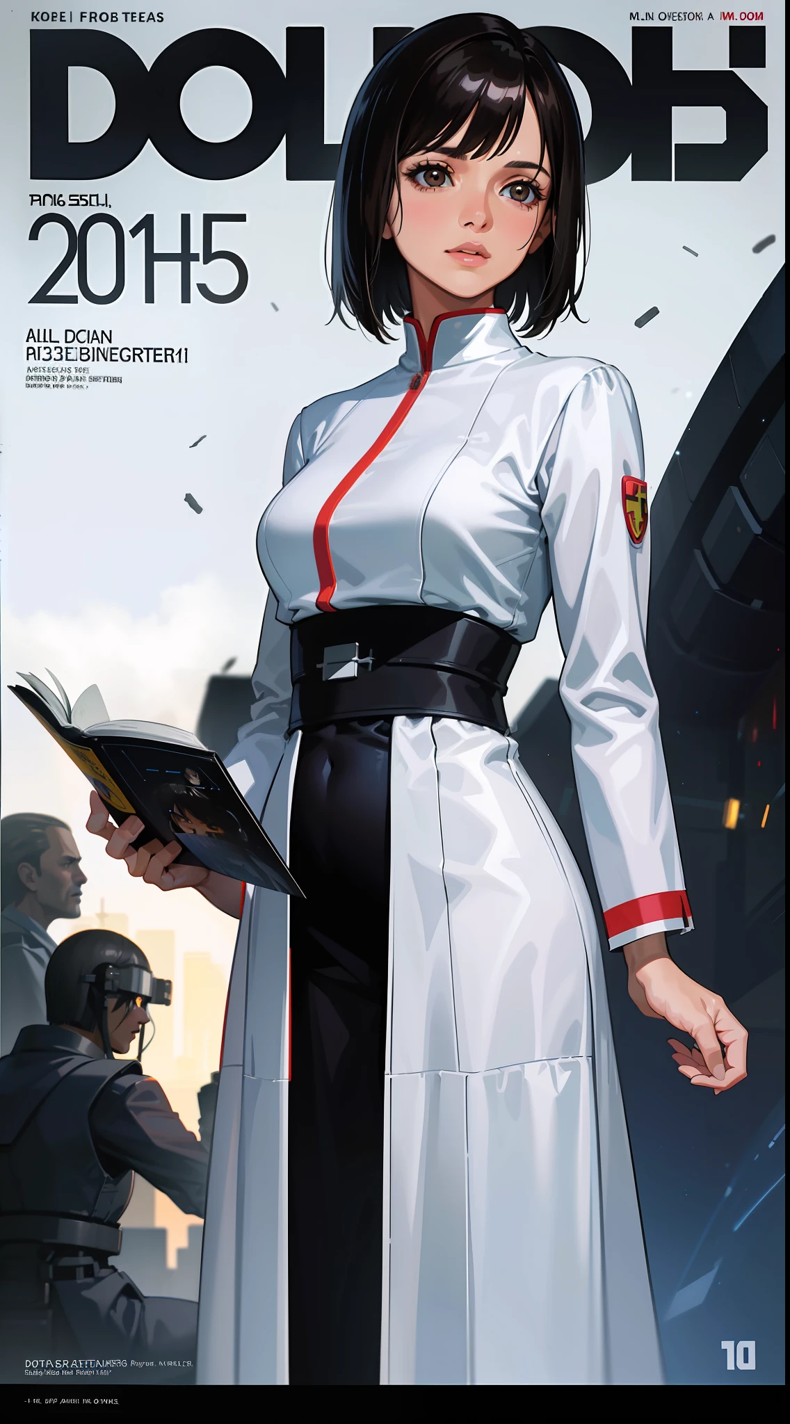 (Super Detailed Magazine Cover: 1.5), (Multitext), Science Fiction, Science Fiction, Science Fiction Movie, Movie Poster, 1984 Film Reference, Story About Rebellion, Women in Their 30s, Adults, Brown Eyes, Short Black Bob Hair, (Wearing a White Gown), Doctor's Uniform, Realistic Facial Resolution, Realism, Object Resolution