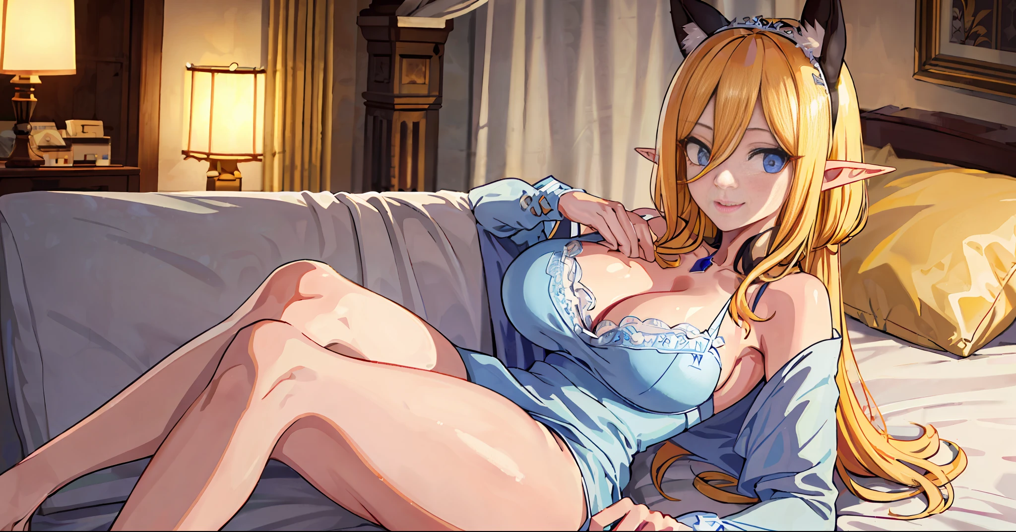 (Masterpiece, best quality), 1 girl, wifu, queen, NSFW, crossed_legs, huge breasts, laughs512, dark shadow makeup, dark lips, (white bodycon dress (bluish)), (aroused_face:1.4), medieval room, medieval bed, candles, candle lighting, night, bed, shame, show-off, big chest, panties, light, oversized shirt, (long yellow hair: 1.4), bra,, lying down, legs open, camel finger, cum in tight panties, elf ears, (((no errors))), ((well detailed)), (((extremely well done)))