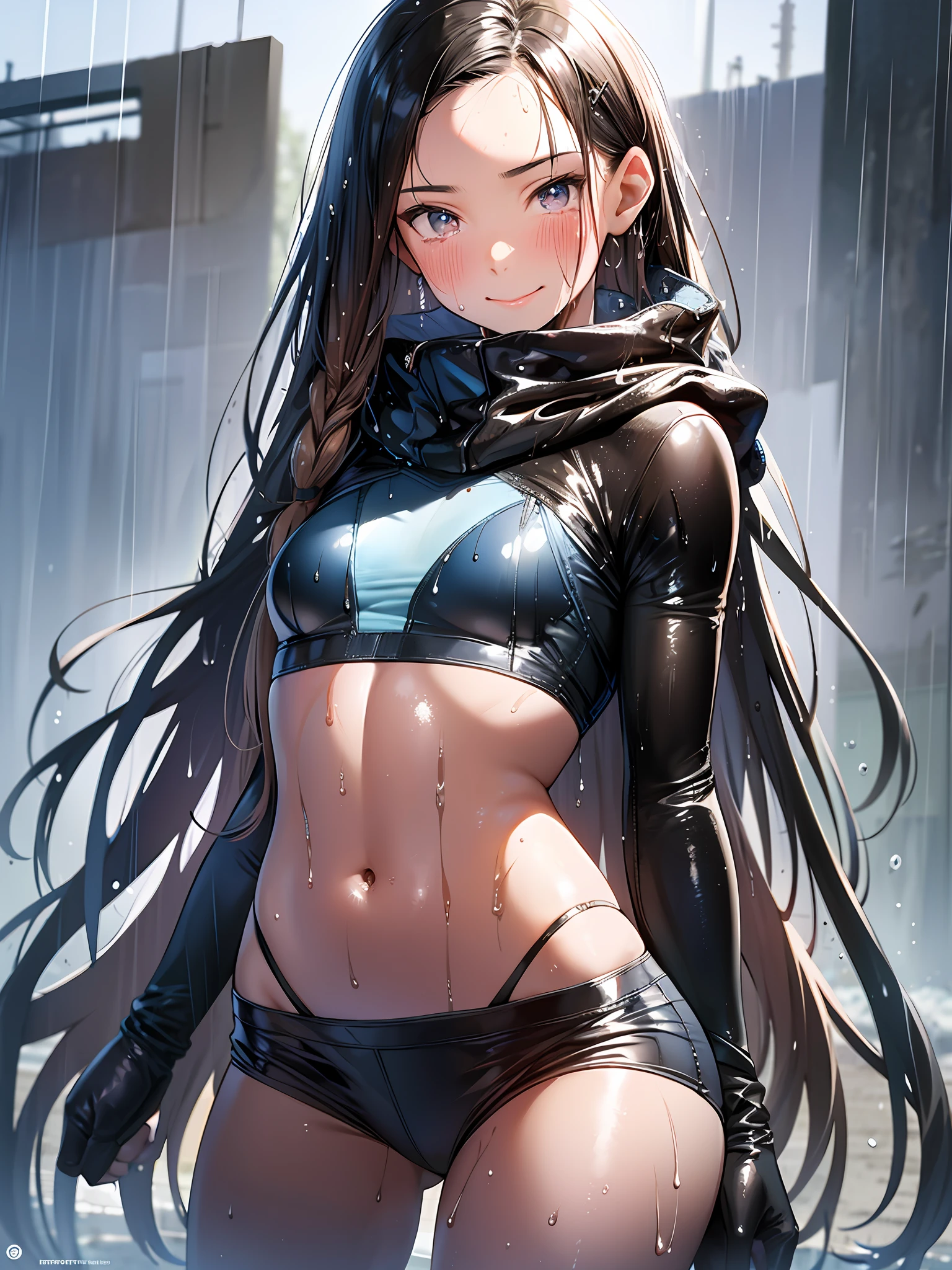 illustration, (smile,:1),(raining,wet,splash:1.3),  (string,abs,small breasts,:1.1),(thin transparent wet clothes,sfw),thighs, battlefield, (slim, fit,flat chest, petite,ukranian,) photo realistic, high definition, detailed realistic, detailed,  hyper detailed, realistic skin texture, ultra high resolution, high resolution,flag painted,  (masterpiece, best quality),  face tears,