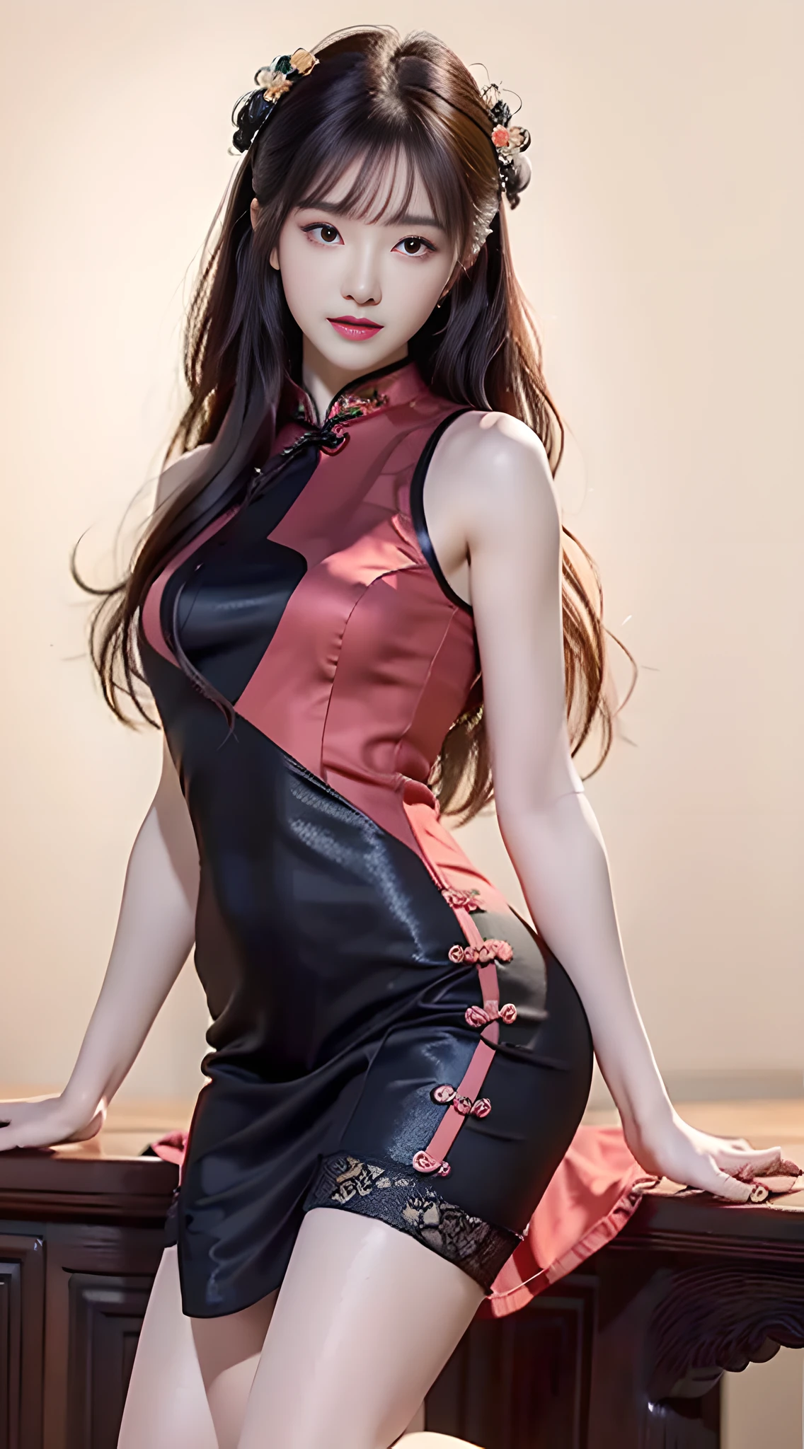 (((masterpiece, official art, extremely detailed CG unity 8k wallpaper))), (masterpiece:1.2, best quality), realistic, (((ultra detailed))), 1girl, slim figure, petite body, beautiful bodycurves, (red tight-fitting cheongsam:1.5), beautiful shoulders, meticulous facial features, golden ratio figure, slender waist, beautiful hips, peach-shaped buttocks, elegant temperament, graceful posture, soft long hair, elegant and poised, (black-stocking:1.5), face details, Half body, front Face, Charming smile, red, silk stockings, smile, tsurime, (photorealistic:1.4), illustration, Surrealism, ray tracing, best quality, (((best quality))), (((masterpiece))), UHD, high details, super detail, highres, 8k, high quality, high details, textured skin, ccurate