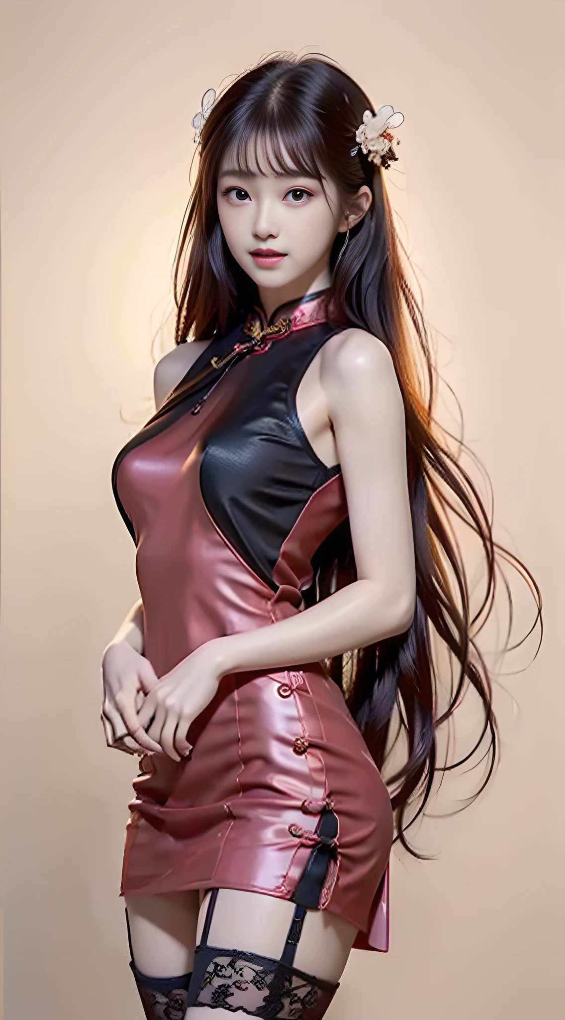 (((masterpiece, official art, extremely detailed CG unity 8k wallpaper))), (masterpiece:1.2, best quality), realistic, (((ultra detailed))), 1girl, slim figure, petite body, beautiful bodycurves, (red tight-fitting cheongsam:1.5), beautiful shoulders, meticulous facial features, golden ratio figure, slender waist, beautiful hips, peach-shaped buttocks, elegant temperament, graceful posture, soft long hair, elegant and poised, (black-stocking:1.5), face details, Half body, front Face, Charming smile, red, silk stockings, smile, tsurime, (photorealistic:1.4), illustration, Surrealism, ray tracing, best quality, (((best quality))), (((masterpiece))), UHD, high details, super detail, highres, 8k, high quality, high details, textured skin, ccurate