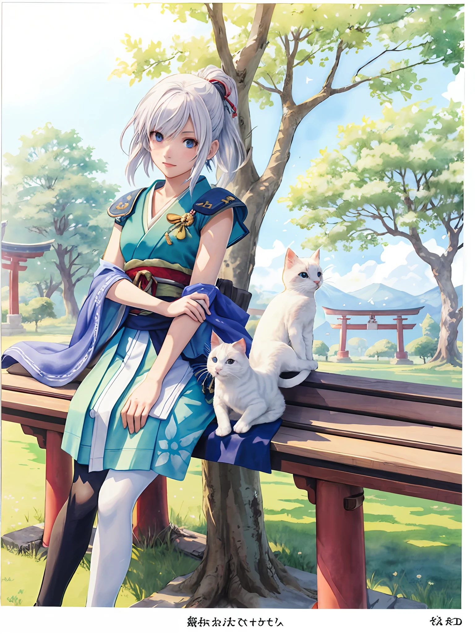 Semi-top view, role-playing, game characters, Final fantasy costume, girl sitting on bench next to a white kitten, lesson tree in background, two birds on tree, ancient style, inspired by Torii Kiyonaga, watercolor