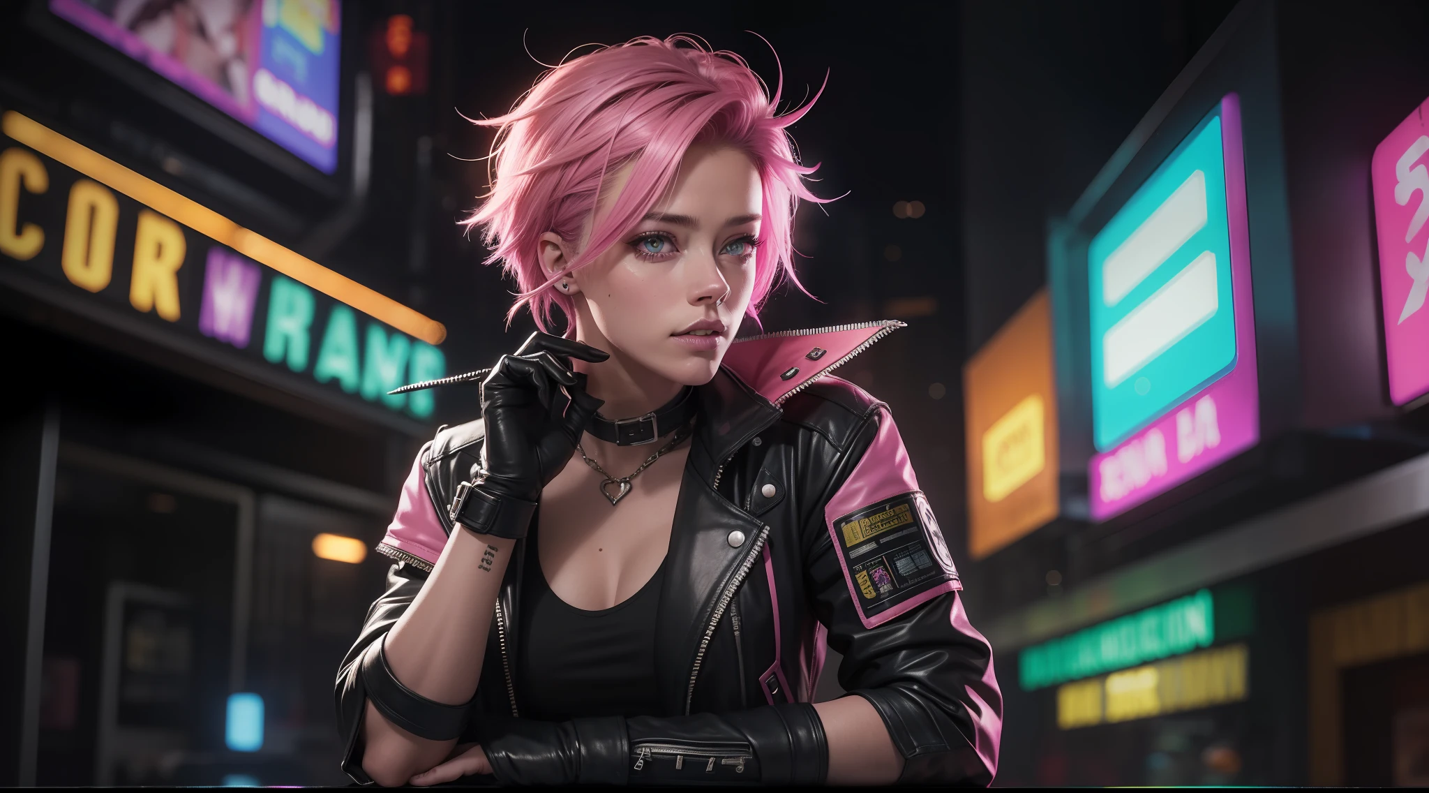 award-winning photo from the waist up, of a handsome cyberpunk hacker, Amber Heard, wearing torn black leather jacket, tank top, stained and scratched hacking device, worn leather gloves, spiky short pink hair, bright pink eyes, dense cyberpunk street, dive bar, neon holograms in the background, dark, sinister, hazy, high contrast, glowing skin,  soft lighting, backlighting, flower, light glows, chromatic aberration, sharp focus