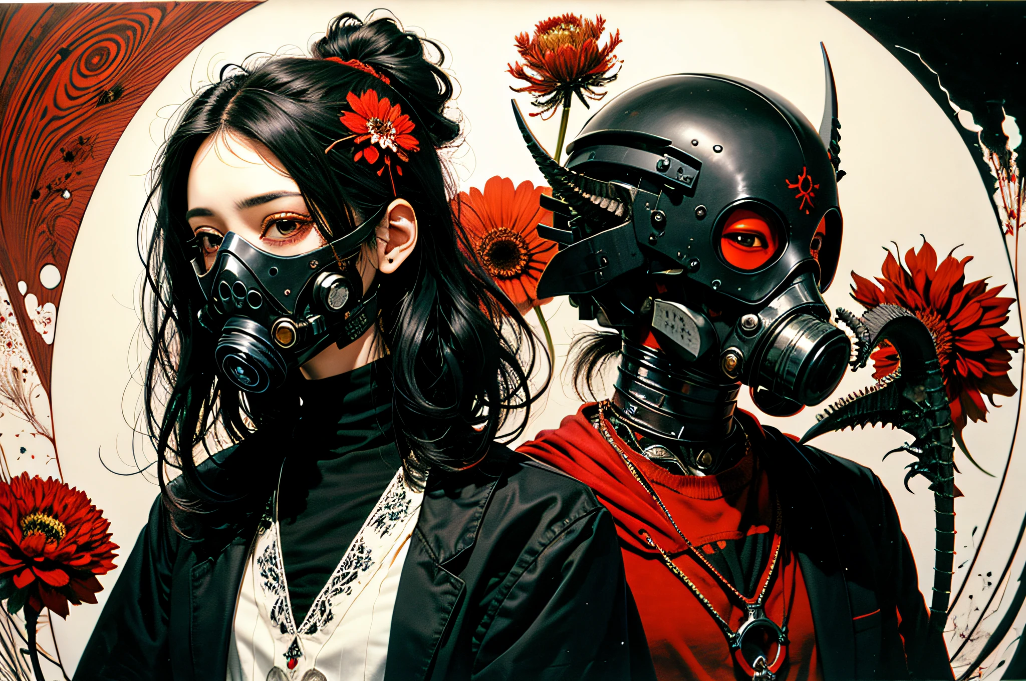 official art, unity 8k wallpaper, ultra detailed, beautiful and aesthetic, High quality, beautiful, masterpiece, best quality, (zentangle, mandala, tangle, entangle:0.6), flat color, limited palette, low contrast, 1girl, serafuku, long straight black hair, lycoris flower, goat skull, (red, black), (horror), (gloomy), blood, gasmask