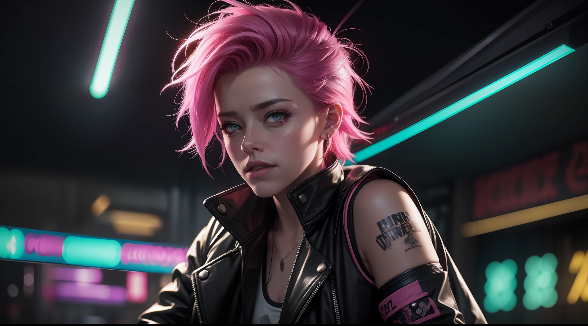 award-winning photo from the waist up, of a handsome cyberpunk hacker, Amber Heard, wearing torn black leather jacket, tank top, stained and scratched hacking device, worn leather gloves, spiky short pink hair, bright pink eyes, dense cyberpunk street, dive bar, neon holograms in the background, dark, sinister, hazy, high contrast, glowing skin, soft lighting, backlighting, flower, light glows, chromatic aberration, sharp focus