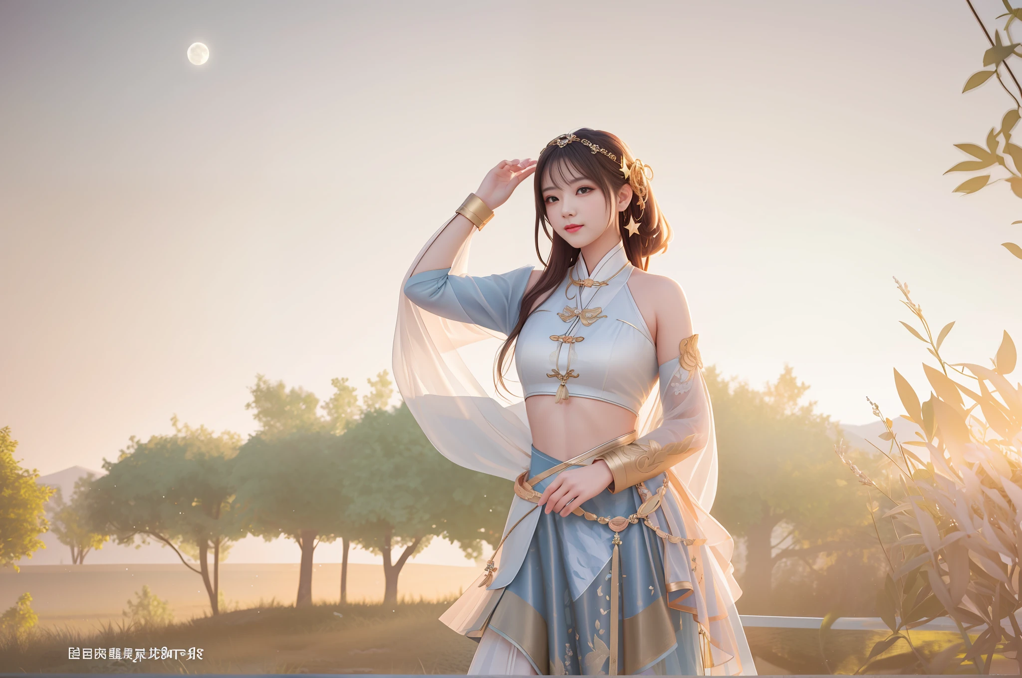 best quality, masterpiece, high resolution, 1 girl, blush, (seductive smile:0.8), star pupil, beautiful face, upon_body, tyndall effect, realistic, dark studio, edge lighting, duotone lighting, (high detail skin: 1.2), 8k ultra hd, digital dlr camera, soft lighting, high quality, volumetric lighting, frank, photos, high resolution, 4k, 8k, bokeh, evening sky, full moon, young chinese girl