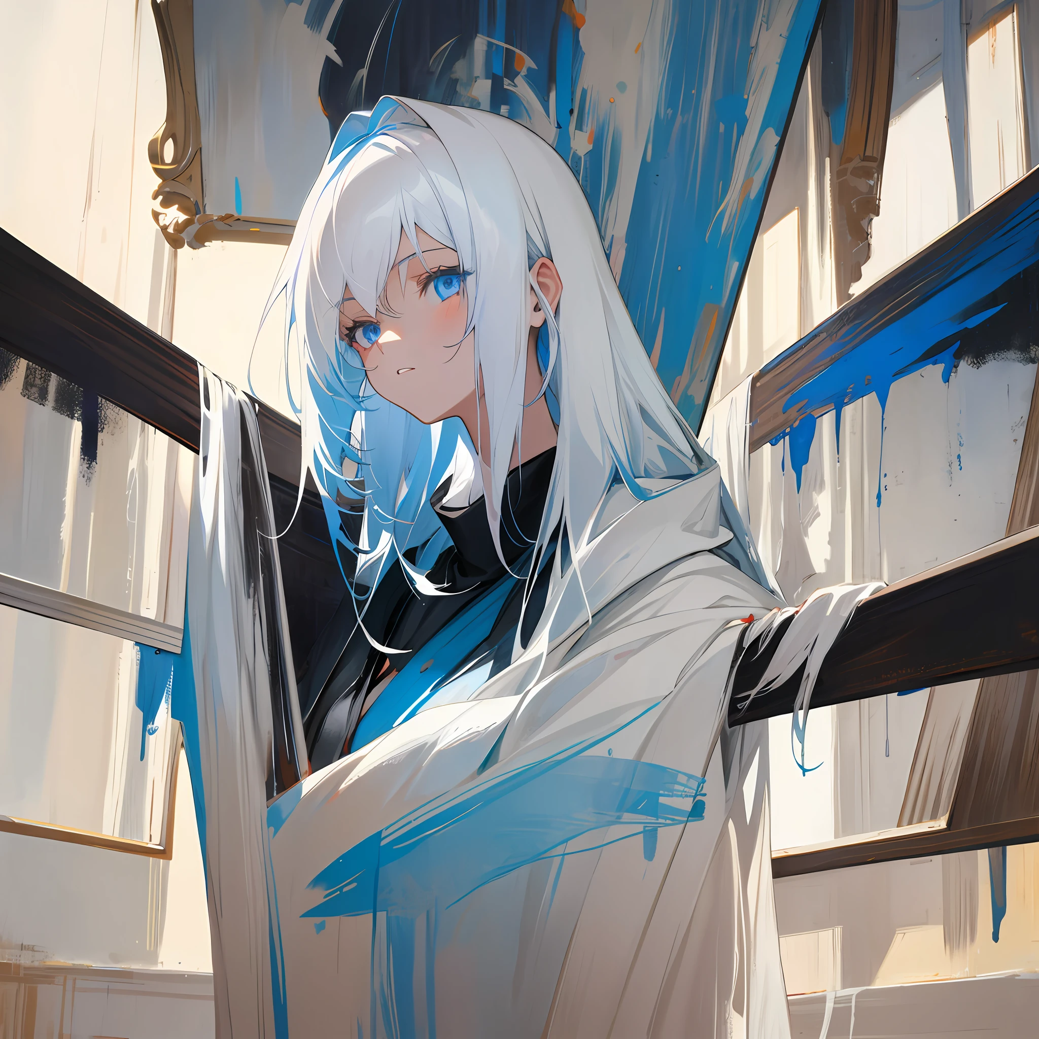 1 girl, upper body, white hair, blue eyes, indoors, dim light, dark background, reflection, painting, painting