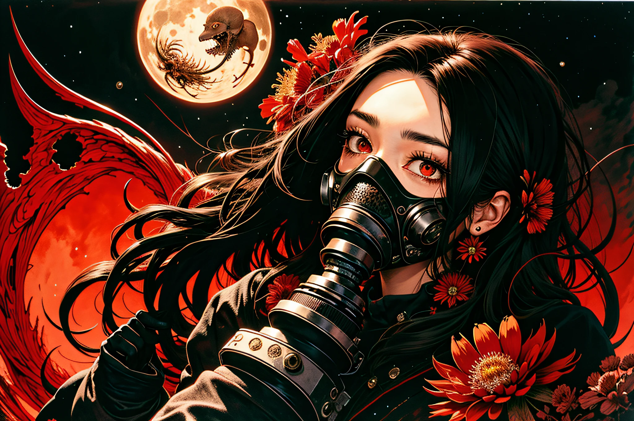 official art, unity 8k wallpaper, ultra detailed, beautiful and aesthetic, High quality, beautiful, masterpiece, best quality, (zentangle, mandala, tangle, entangle:0.6), flat color, limited palette, low contrast, 1girl, serafuku, long straight black hair, lycoris flower, goat skull, (red, black), (horror), (gloomy), blood, gasmask