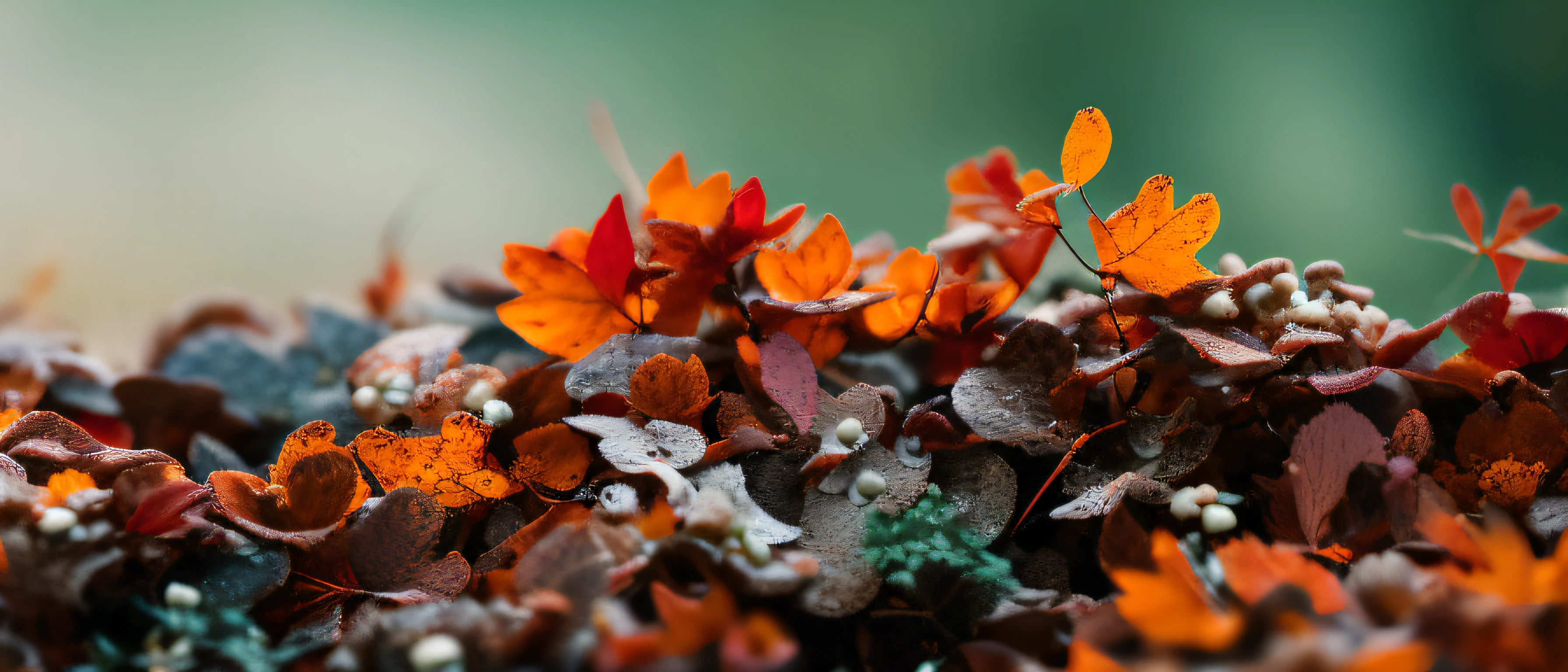 classicnegative, (low angle) macro photography of colorful alien fungus and mushrooms  fairy forest covered flowers, autumn, fall, colorful leaves, (trees with white trunk) in the background, 200mm 1.4f, sharp focus, cinematography