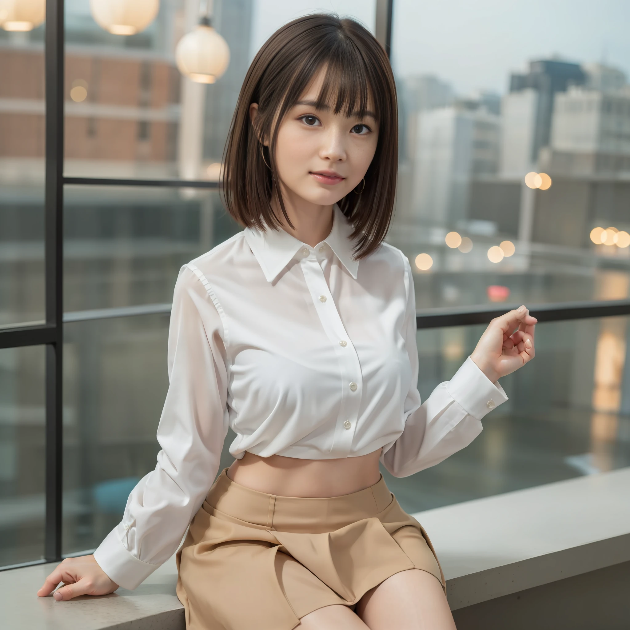 (8k, top quality, masterpiece: 1.2), (realistic, photorealistic: 1.37), super detailed, girl one, cute, solo, beautiful detailed sky, detailed café, night, sitting, date, (blush), (smile: 1.15), finely beautiful eyes, (collared shirt: 1.1), night, wet, office clothes, white lace, tight skirt, floating hair NovaFrogStyle, topless, brown hair, bob hair, sagging eyes, muscular, slender, full body