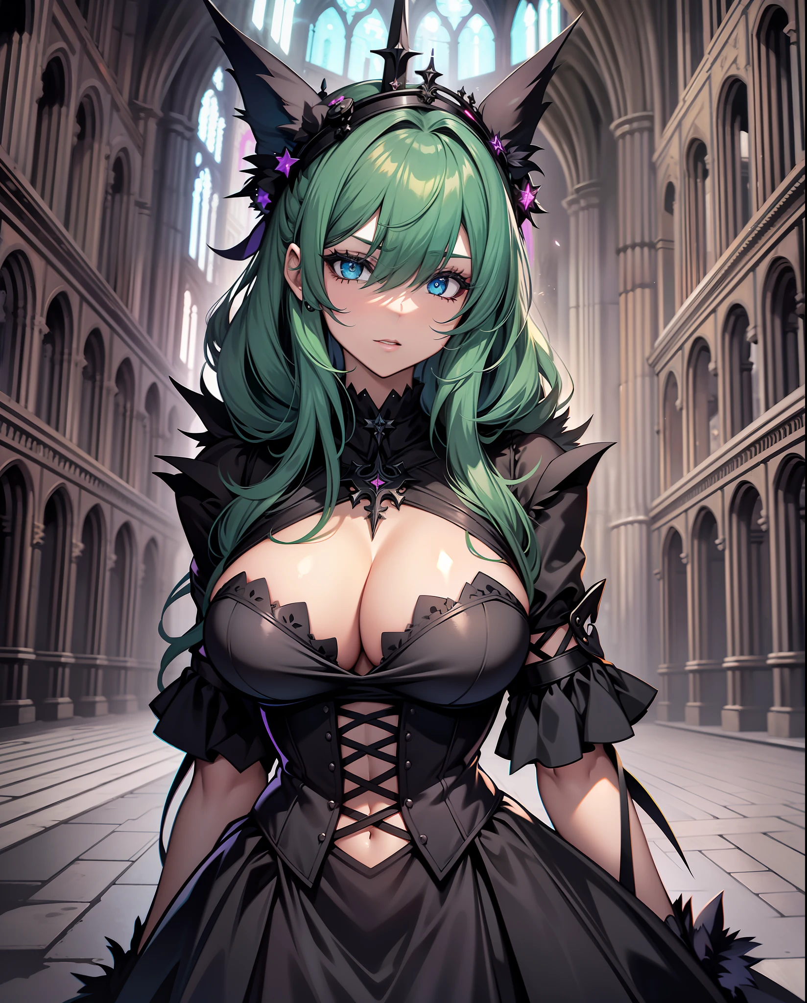 sfw, busty goth girl in a black dress with cleavage posing in a dark cathedral, ganzkörper ,ultrarealistisch, analog, 8k, grüne augen