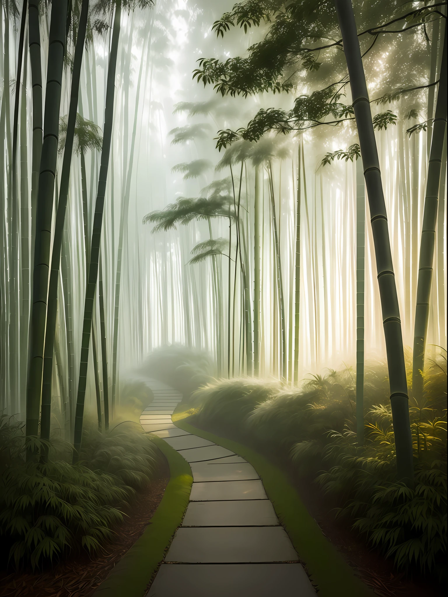 wallpaper, foggy day, dawn, bamboo forest, secret realm, dense, detailed bamboo forest, depth, stone path, masterpiece, movie, soft light, depth of field, ray tracing, realism, ulla detail
