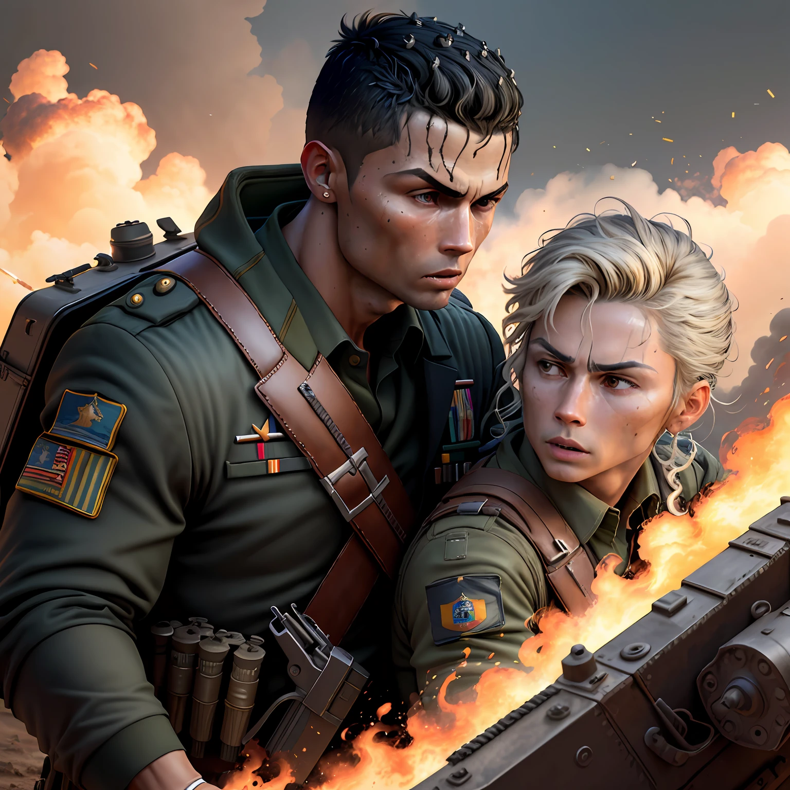 Masterpiece,8k,best quality,((Cristiano Ronaldo))as a soldier in war,He shoot the enemy,detailed WAR ,wide angle view of war,detailed view,detailed face,detailed dourly face,sternness and fierce face,ultra detailed face,detailed military suit,bomb are exploding,Tank car shooting,gun shoot light,detailed light,cinematic lighting