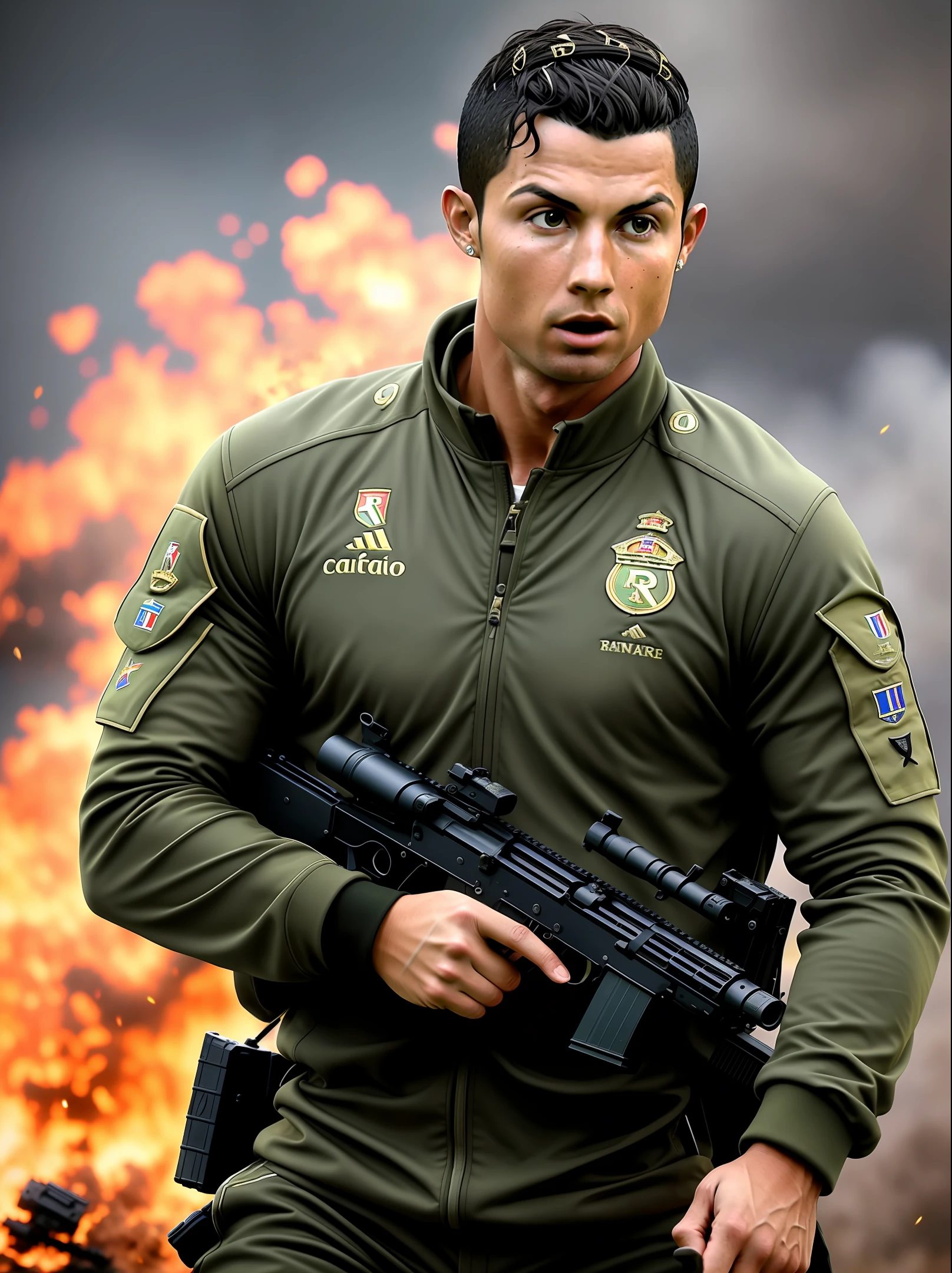 Masterpiece,8k,best quality,((Cristiano Ronaldo))as a soldier in war,He shoot the enemy,detailed WAR ,wide angle view,detailed view,detailed face,detailed dourly face,sternness and fierce face,ultra detailed face,detailed military suit,bomb are exploding,Tank car shooting,gun shoot light,detailed light,cinematic lighting