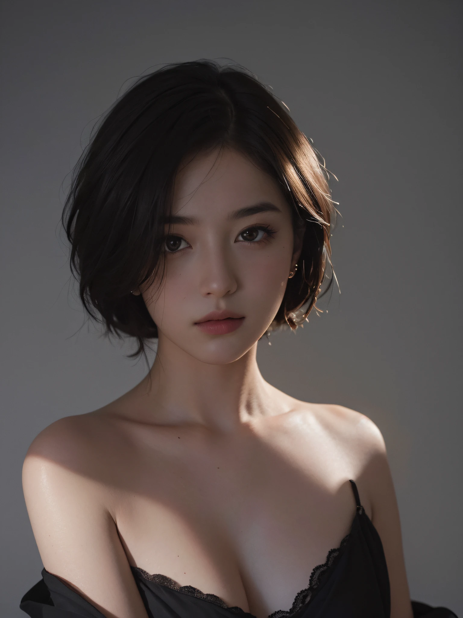 Best quality, masterpiece, ultra high res, (photorealistic:1.5), raw photo, 1girl, offshoulder, in the dark, deep shadow, low key, cold light, sexy look, short hair