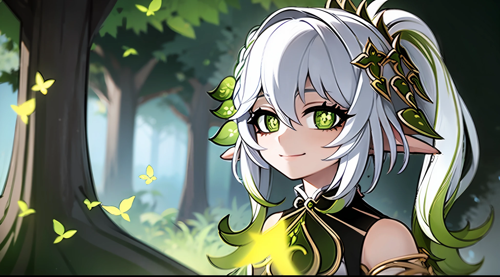 "Masterpiece, high quality, (anime), best quality, 1girl, dynamic lighting, dynamic background, white hair, green eyes, ((8 years)), beautiful face, beautiful eyes, background: forest, smiling, winking,