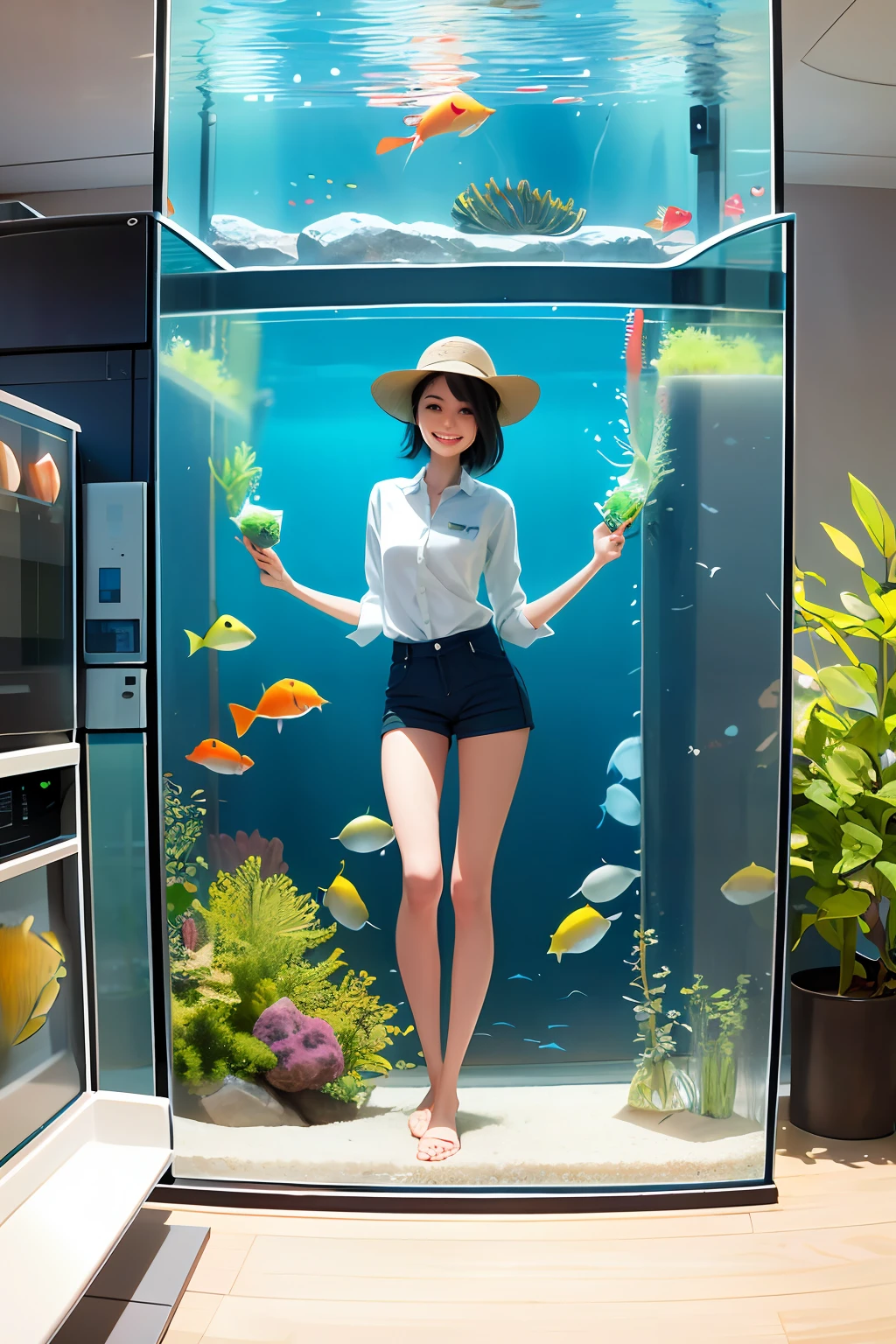 Seeing the fish in the fish tank, the long-legged beauty smiled happily