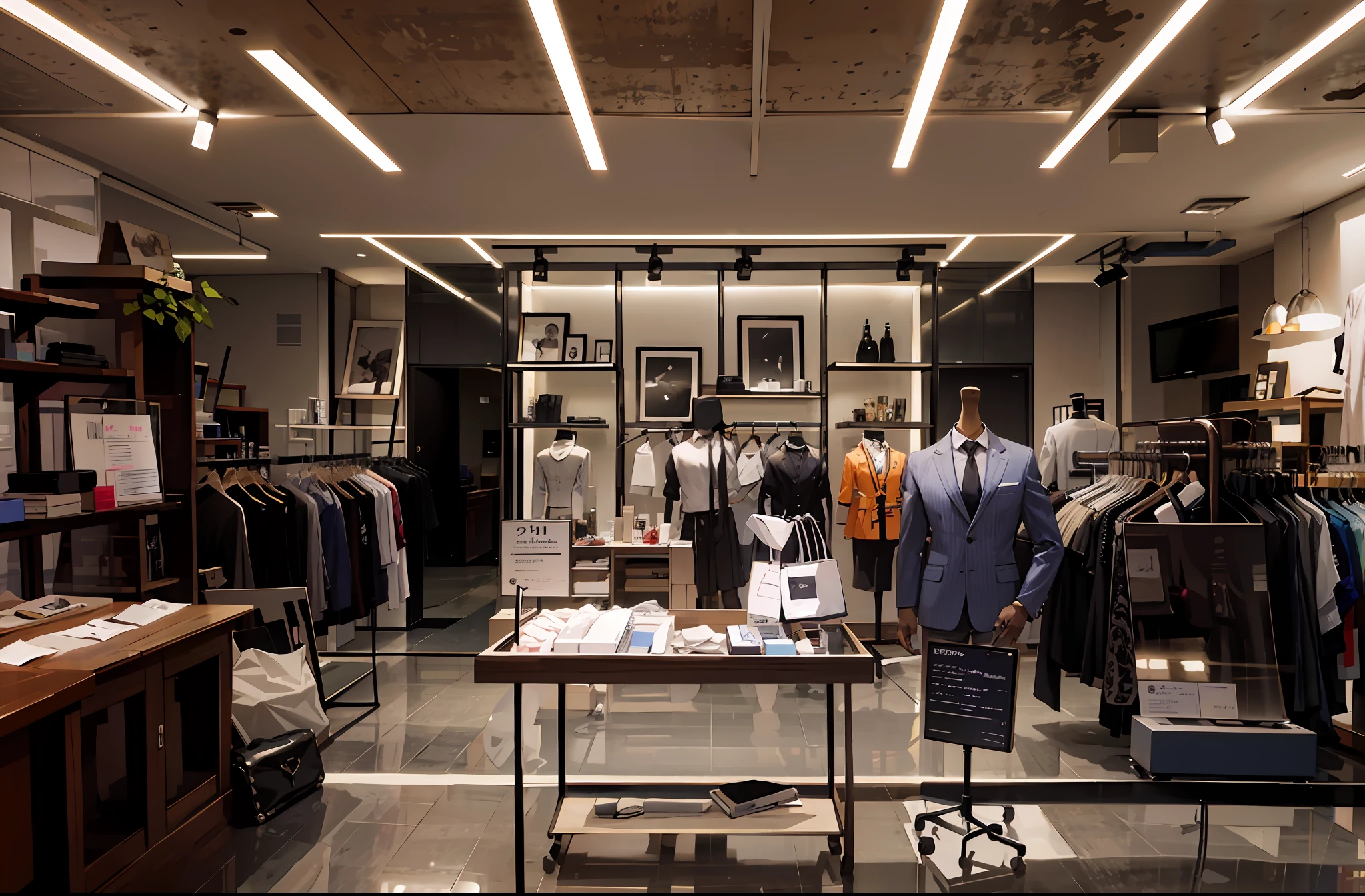 a veston store, high fashion store, with some manequin wearing suit