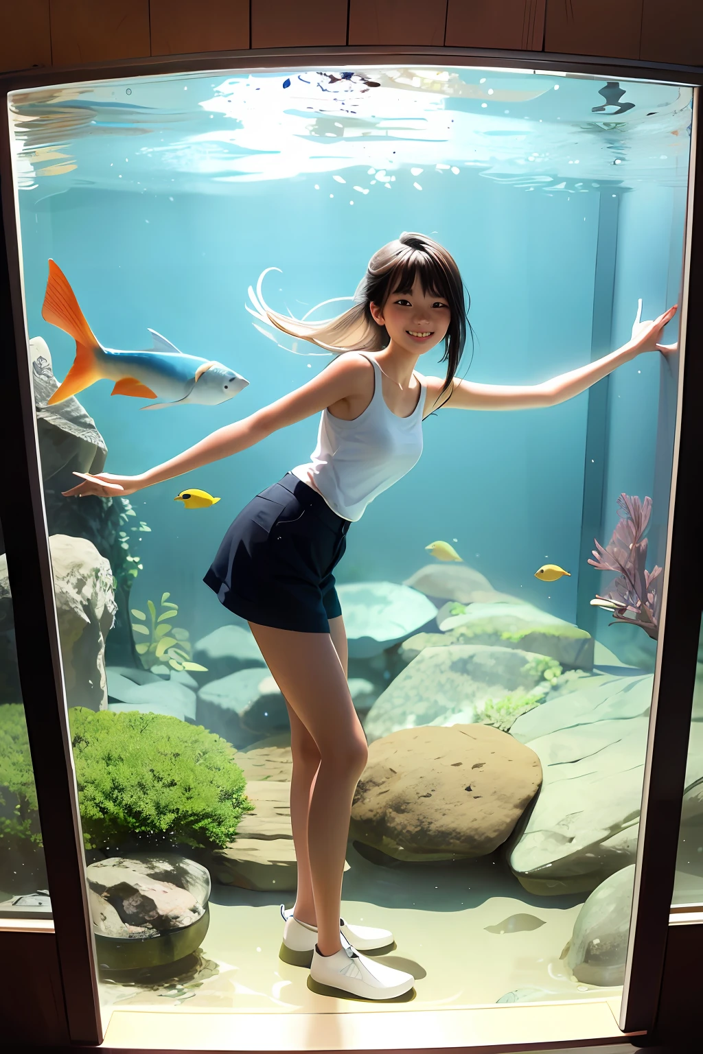 Seeing the fish in the fish tank, the long-legged beauty smiled happily