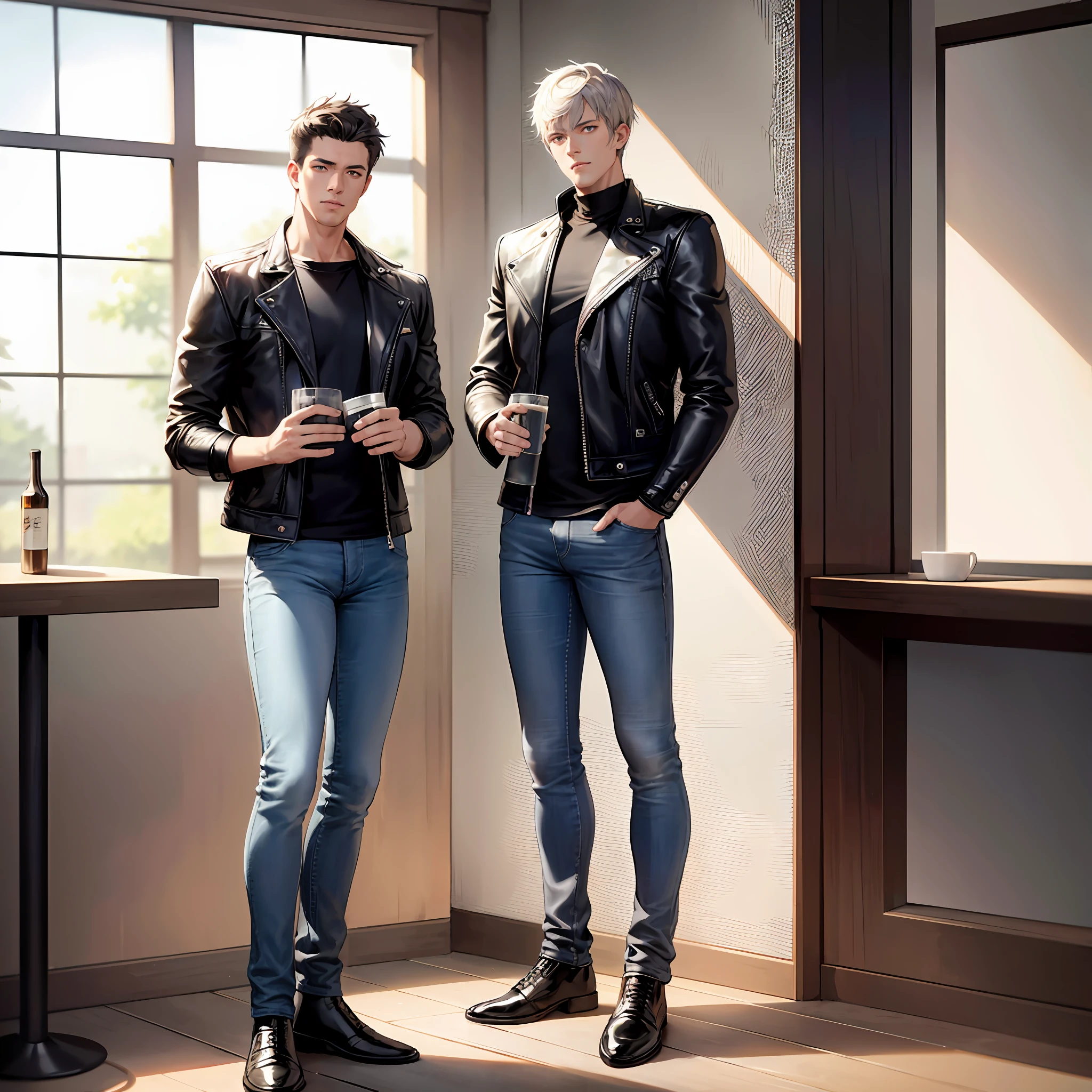 8K resolution, ultra-fine detail, delicate picture, intense ray tracing, masterpiece, high quality, detail light, ray tracing, 1 man, short gray hair, perfect face, blue ear drills, strong body, full body shot, leather jacket, jeans, casual shoes, drinking at a bar, photo pose