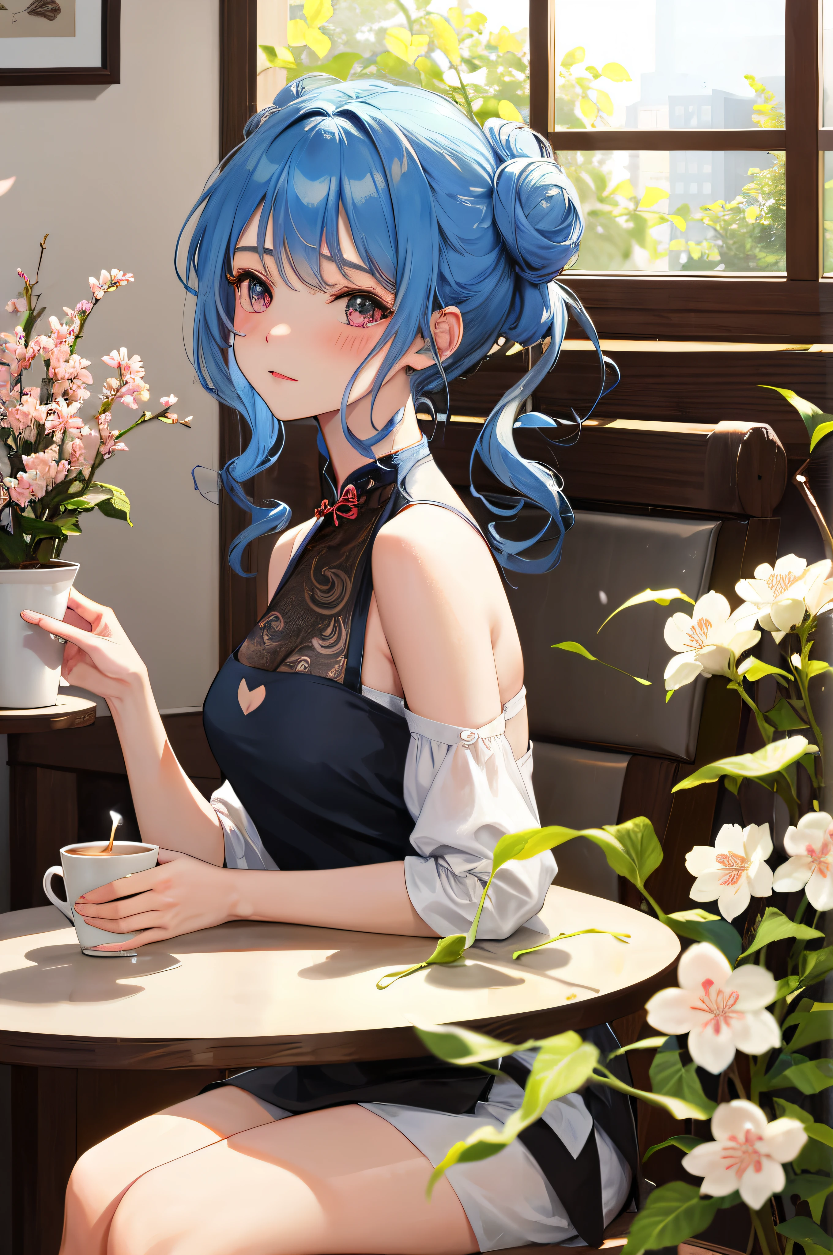 girl, coffee, café, table, messy buns, straw, sunlight, window, comfort, tranquility, flowers, aesthetics, soft, life slice, relax, morning, leisure, tranquility, warm atmosphere, steam, peace, daydream, aromatic, latte art, book, potted plant, cherry blossom, blush, contemplative, gentle, sophisticated, whimsical, blue hair, cheongsam, wavy pattern