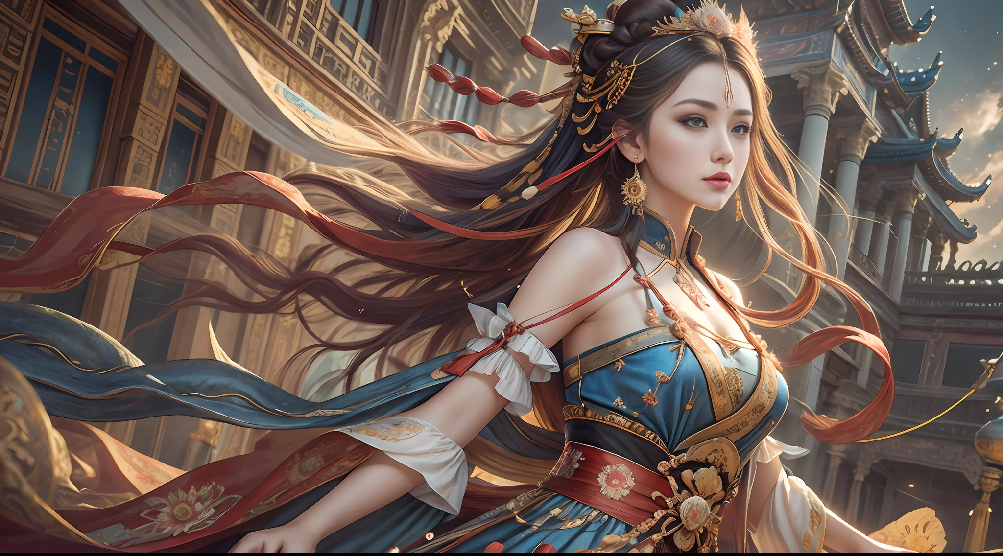 Best Quality, Masterpiece, Ultra-Detailed High Resolution, (Realistic: 1.4), Original Photo, , Illustration, 1 Girl, Handheld Weapon, (Solo Exhibition: 1.2), (Denim Lens: 1.2), (Hair Crown: 1.2), Chinese Dunhuang Traditional Costume, No Straps, (Red Eyeliner: 1.2), (Black Eyes: 1.4), Earrings, Dynamic Angle, Opera House, messy_long_hair, Ink, Movie Lights, lens_flare, Velvet, Chrysanthemum, Tassels, Ribbon, colorful embroidery, upper body, facing camera, dynamic pose, large chest