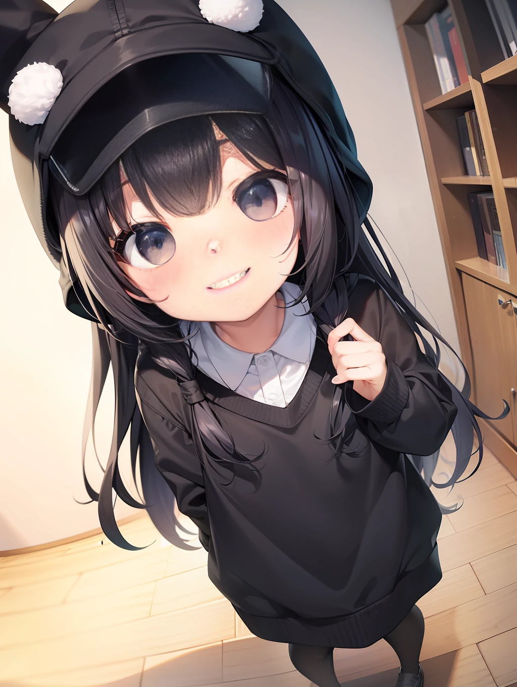 (Super cute + POP MART blind box IP: 1.2), standing in front of the oversized bookshelf at home, smiling happily in the bright sun, gray bunny hat with (hair:black hair, hat:bunny hat) black eyes, full-body lens, clean background, front view, extreme cinematic light and shadow lighting, 3D, C4D production, rendering quality OC, chibi background, with Behance-level picture quality, (8K ultra-clear picture quality + cinematic lighting+Super detailed lens description):1.5, perfectly presented, flawless.