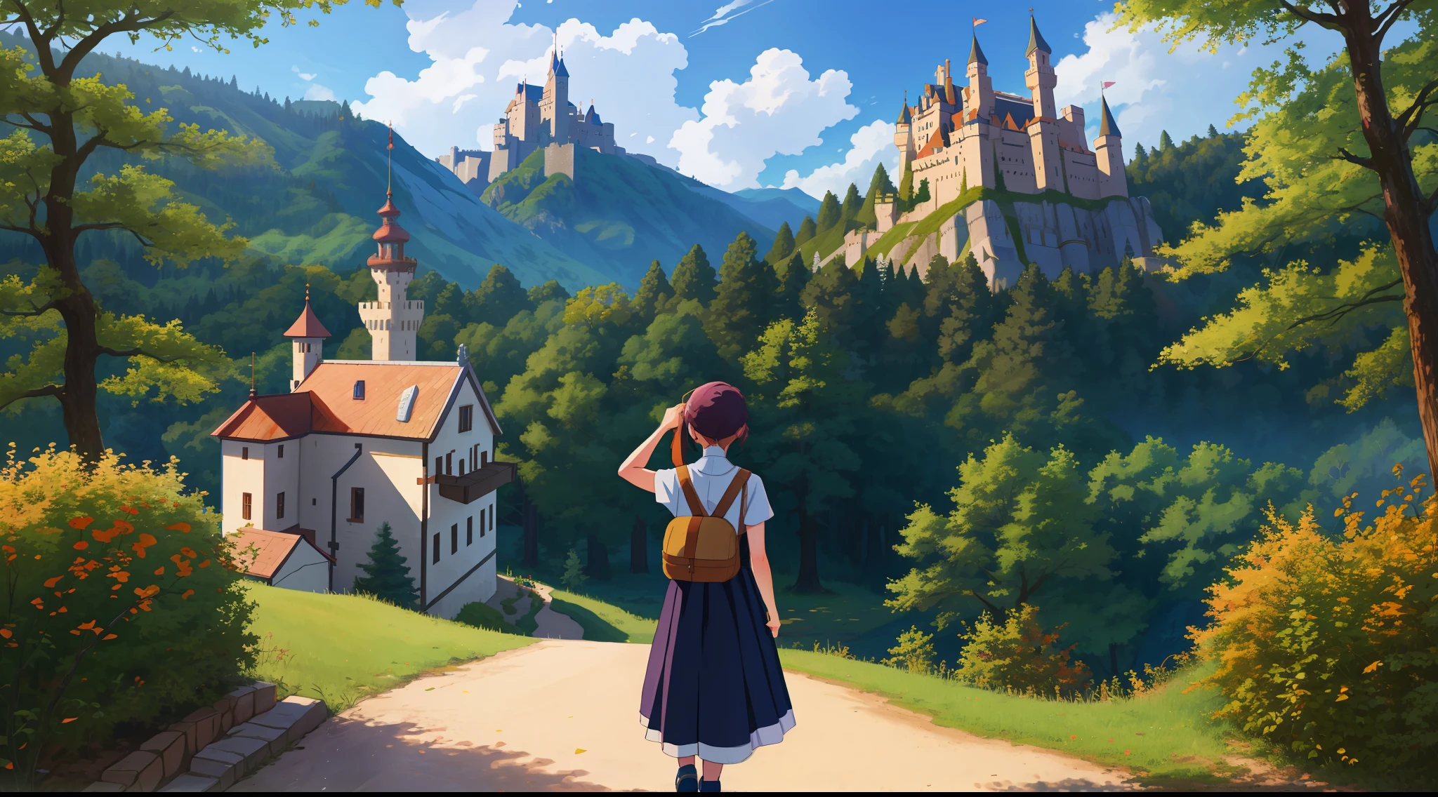 Pixel - Hinata, 1 girl, masterpiece, top quality, forest mountain, castle towering, girl looking up, back view