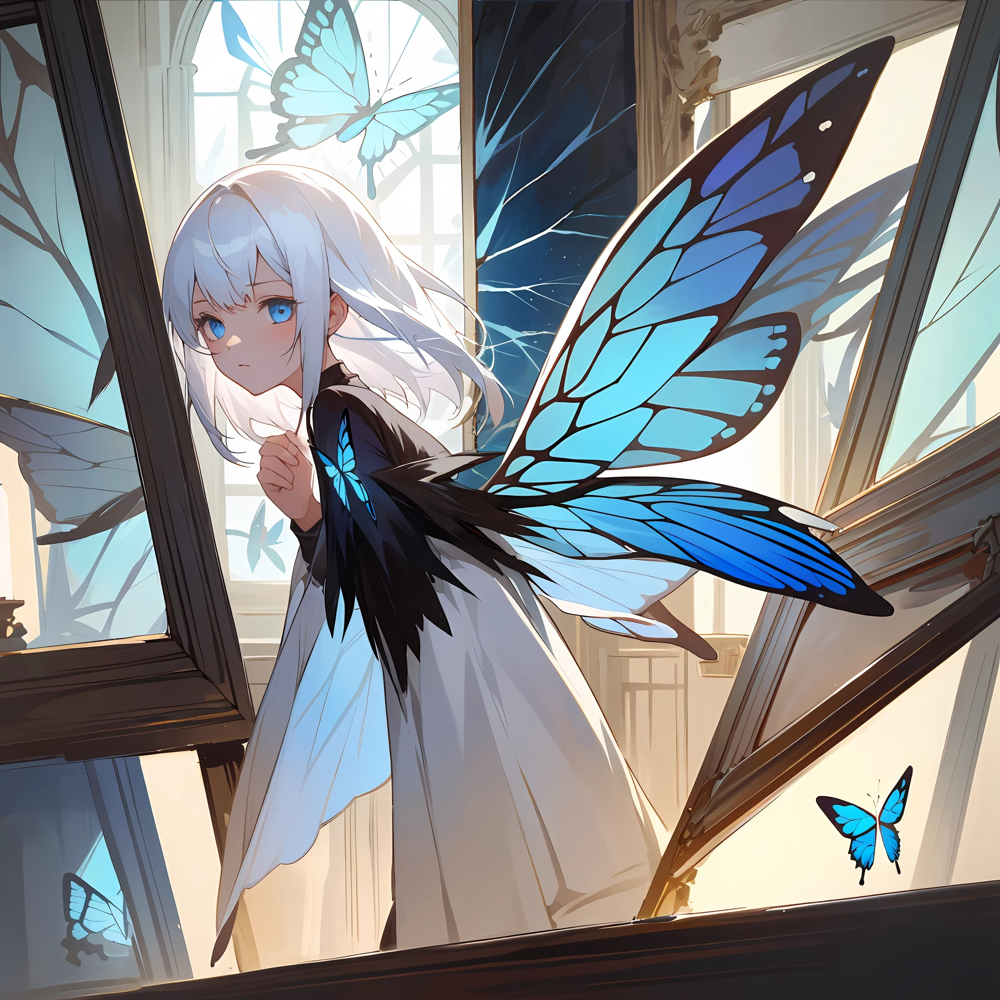1 girl, upper body, white hair, blue eyes, indoors, dim light, paintings, glass, reflection, draws kkrtina, wings, butterflies