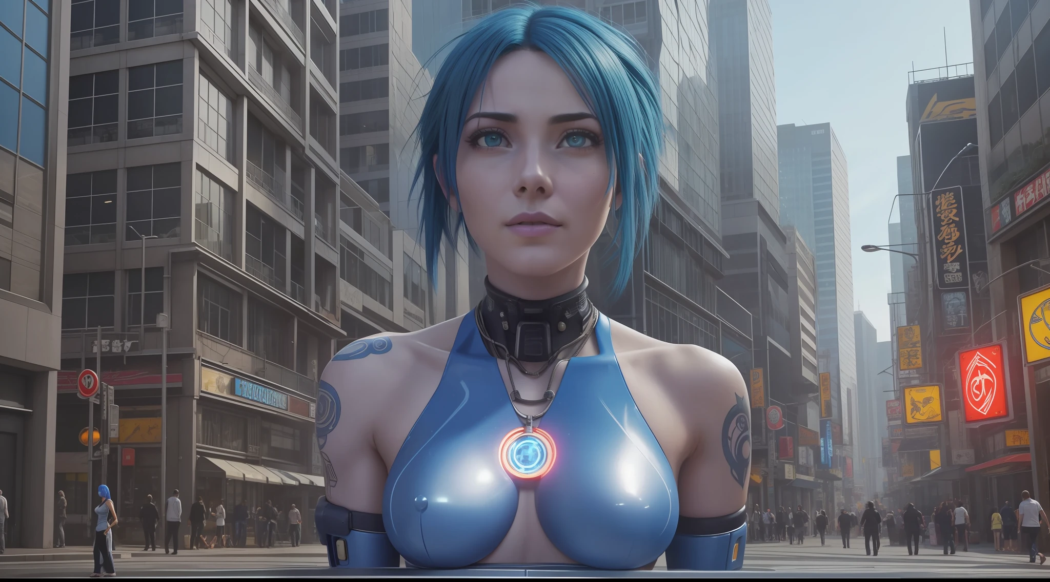 Award-winning photo from the waist up, blue-haired woman showing her face, alone, from the torso up, with cybernetic enhancements with tattoo of magical symbols, in front of cyberpunk buildings, vibrant, photorealistic, hyperrealism, strong impressionist painting style, 1,618, elegant, ethereal, intricate, elaborate, hyper-realism, hyper-detailed, strong expressiveness and emotionality, cinematic lighting, visual clarity