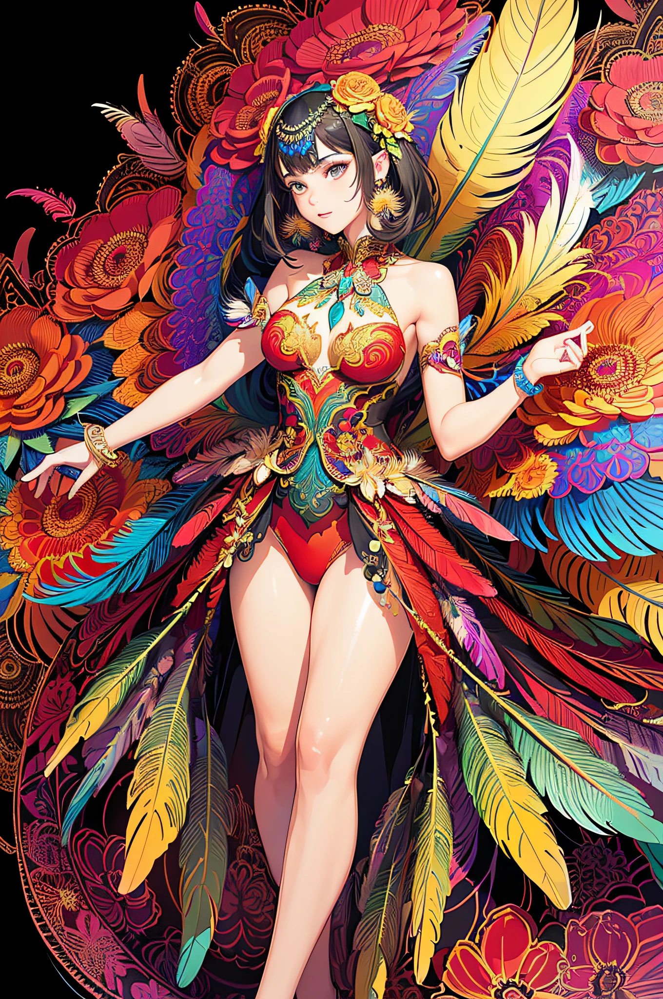 (masterpiece, top quality, best quality, official art, beautiful and aesthetic:1.2), (1girl:1.3), extremely detailed,(fractal art:1.1),(colorful:1.1)(flowers:1.3),highest detailed,(zentangle:1.2), (dynamic pose), (abstract background:1.3), (shiny skin), (many colors:1.4), ,(earrings), (feathers:1.5) , (Flamethrower:1.3),red background,Phoenix dress,