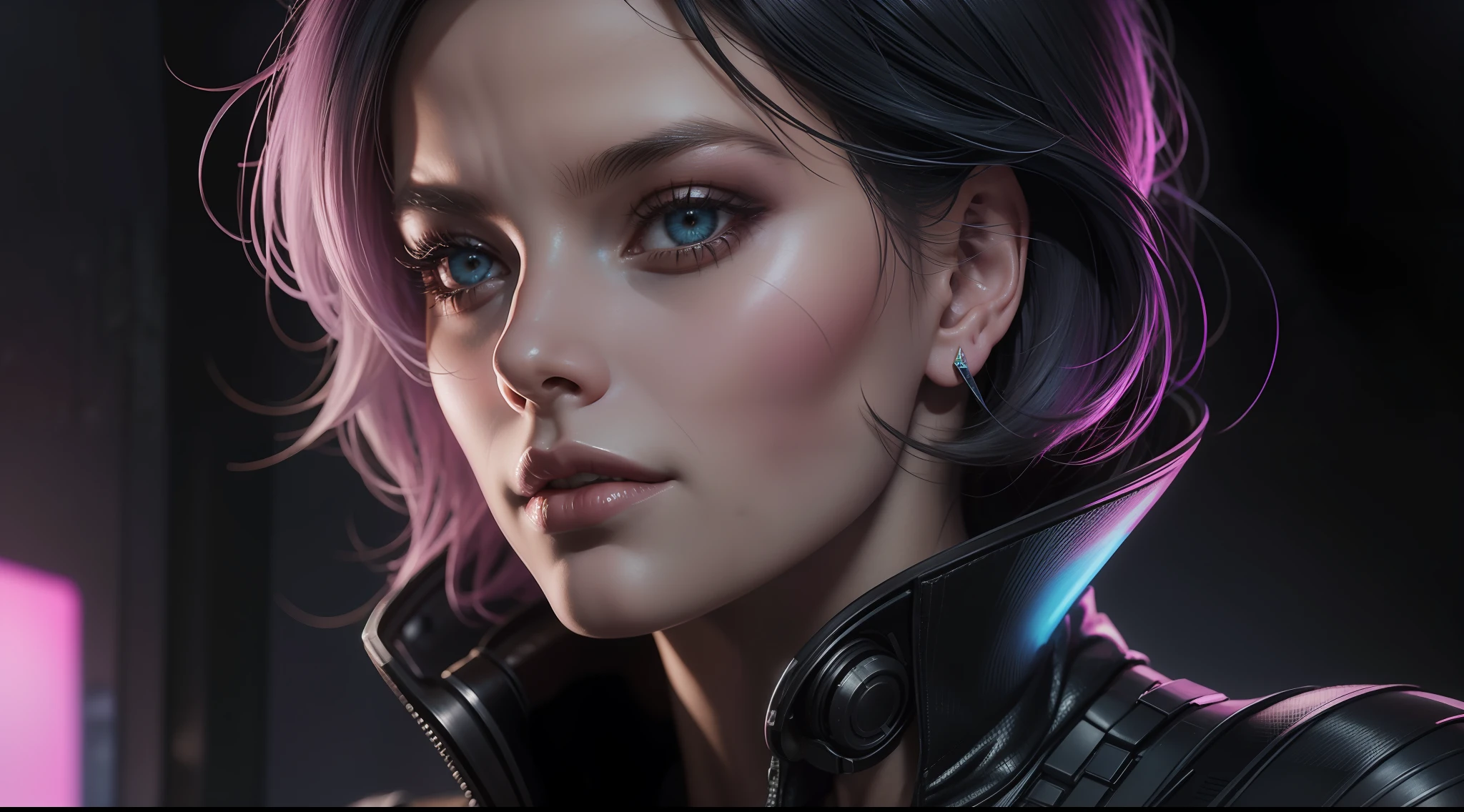 Beautiful female assassin, Margot Robbie, wearing cyberpunk clothes, respirator, cyber respirator, (detailed portrait), cell shaded, 4 k, vivid colors, photorealistic concept art by wlop, Ilya Kuvshinov, Artgerm, Krenz Cushart, Greg Rutkowski, Pixiv. cinematic dramatic atmosphere, sharp focus, volumetric lighting, cinematic lighting, studio quality