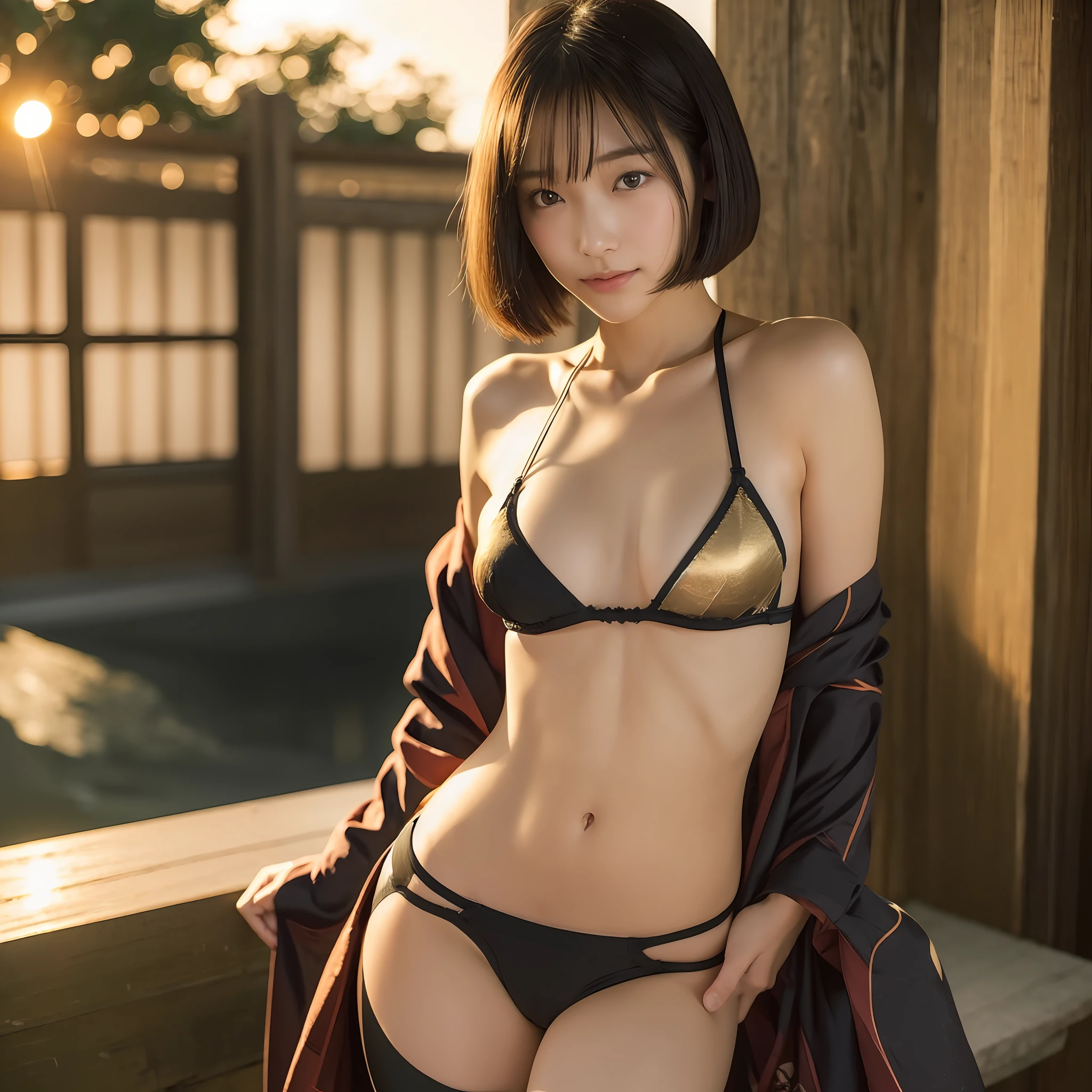 Japan Beauty, Slender, Quiet Breasts, Small Butt, Detailed Eyes, Sexy Black Underwear, Bob Cut, Dark Black Eyes, Little Smile, Embarrassing, One Only, Golden Ratio, Sunset, One Girl, Photorealistic, 32K, Cute & Beauty, In the Light --auto --s2