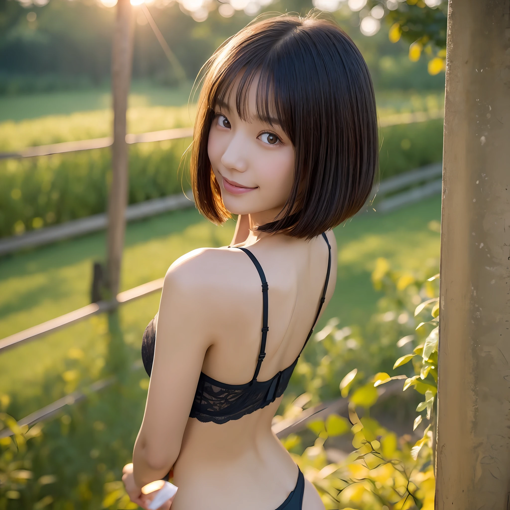 Japan Beauty, Slender, Quiet Breasts, Small Butt, Detailed Eyes, Sexy Black Underwear, Bob Cut, Dark Black Eyes, Little Smile, Embarrassing, One Only, Golden Ratio, Sunset, One Girl, Photorealistic, 32K, Cute & Beauty, In the Light --auto --s2
