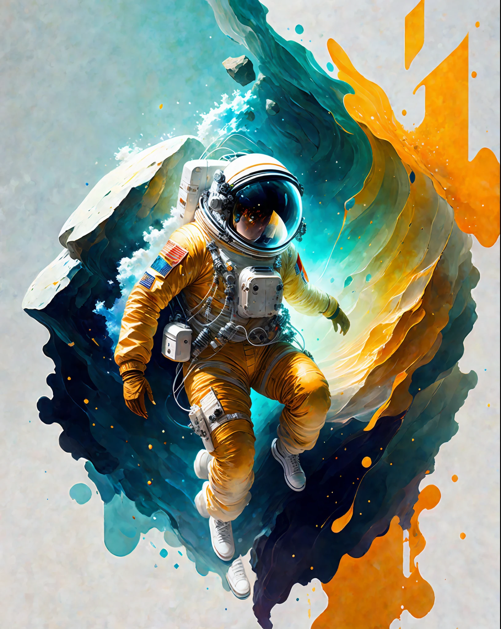 astronaut,  climbing the asteroid,  character render, ultra high quality model, ethereal background, abstract beauty, explosive volumetric, oil painting, heavy strokes, paint dripping